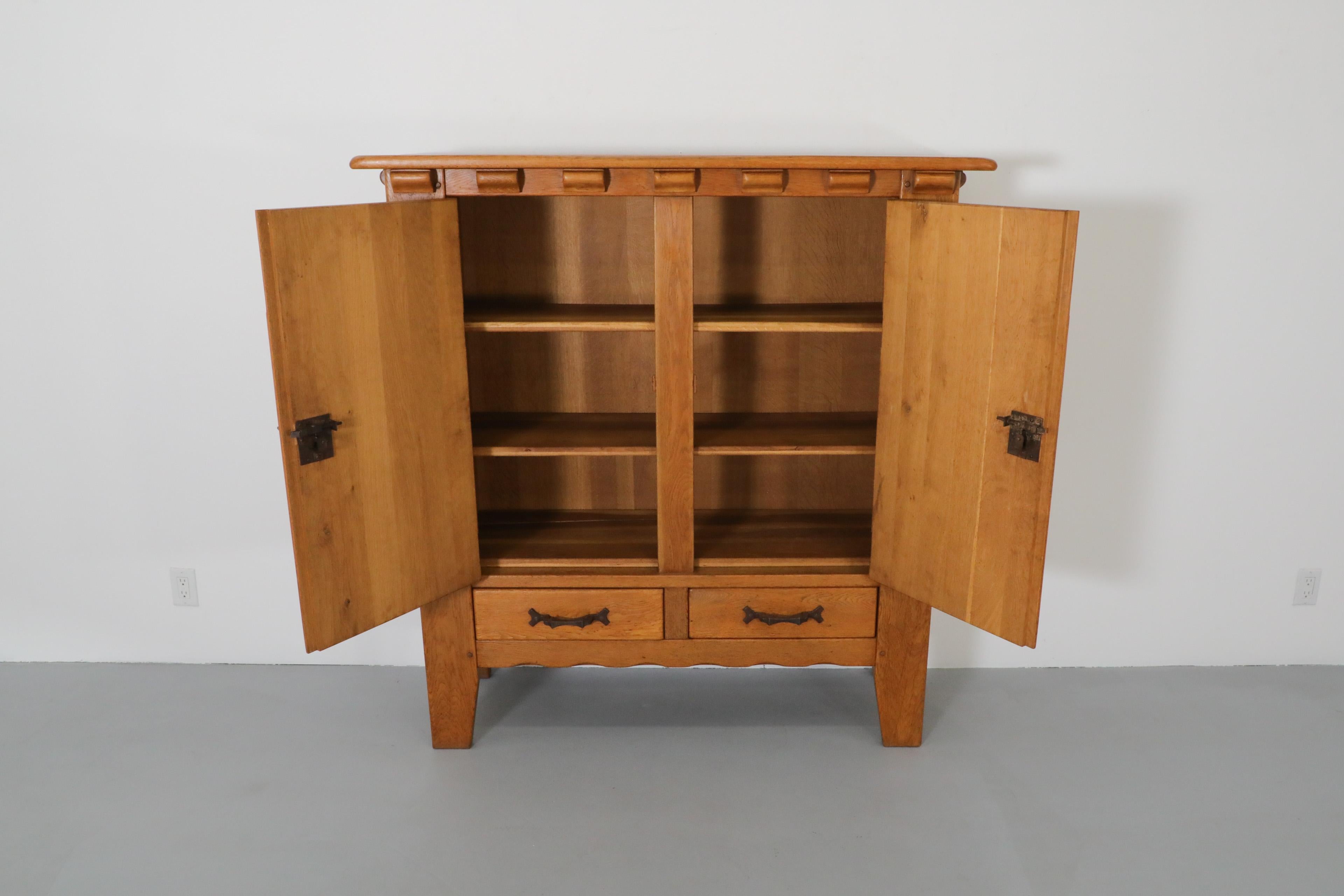 Dutch Guillerme et Chambron Inspired Brutalist Solid Oak and Iron Sideboard or Cabinet For Sale