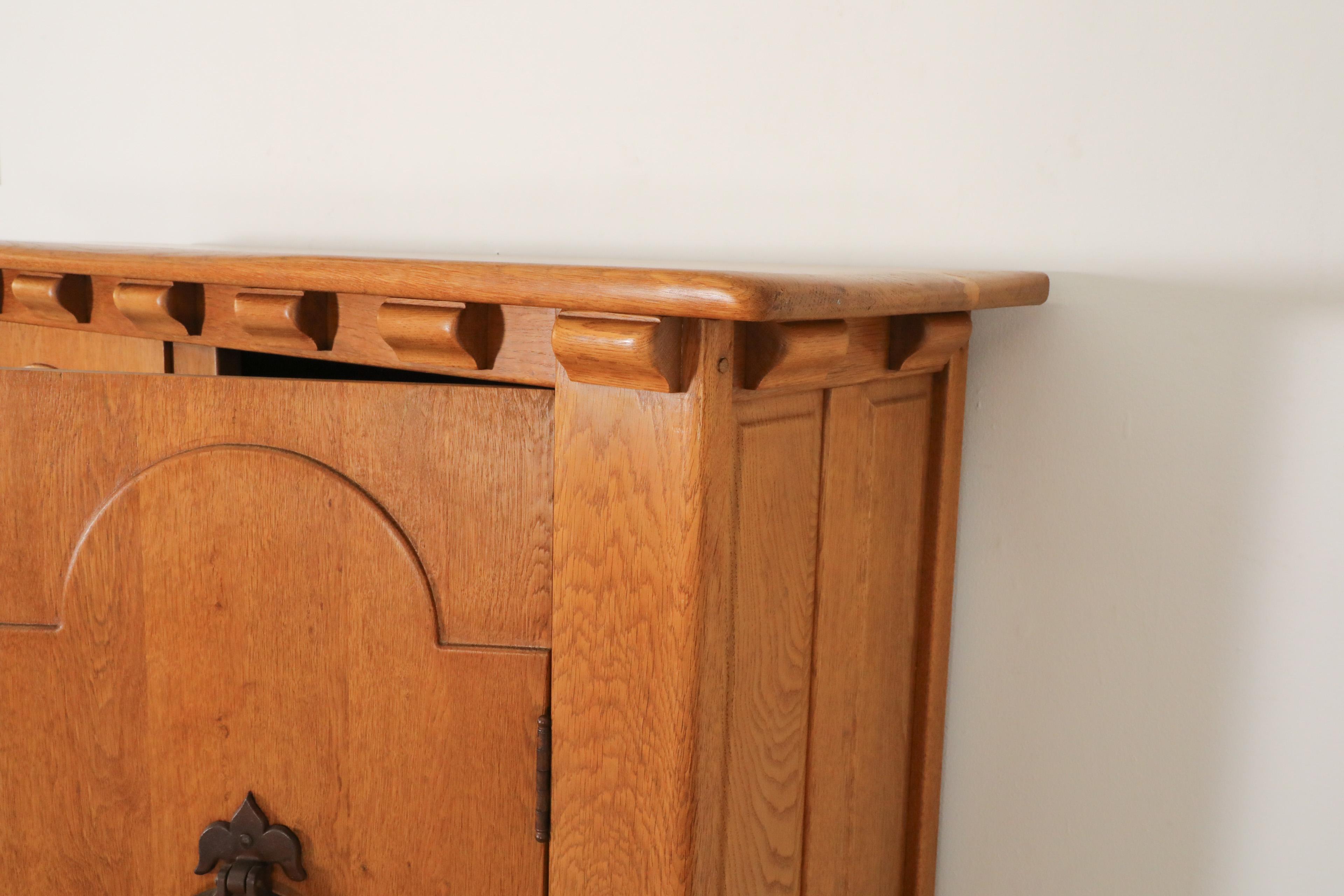 Guillerme et Chambron Inspired Brutalist Solid Oak and Iron Sideboard or Cabinet For Sale 2