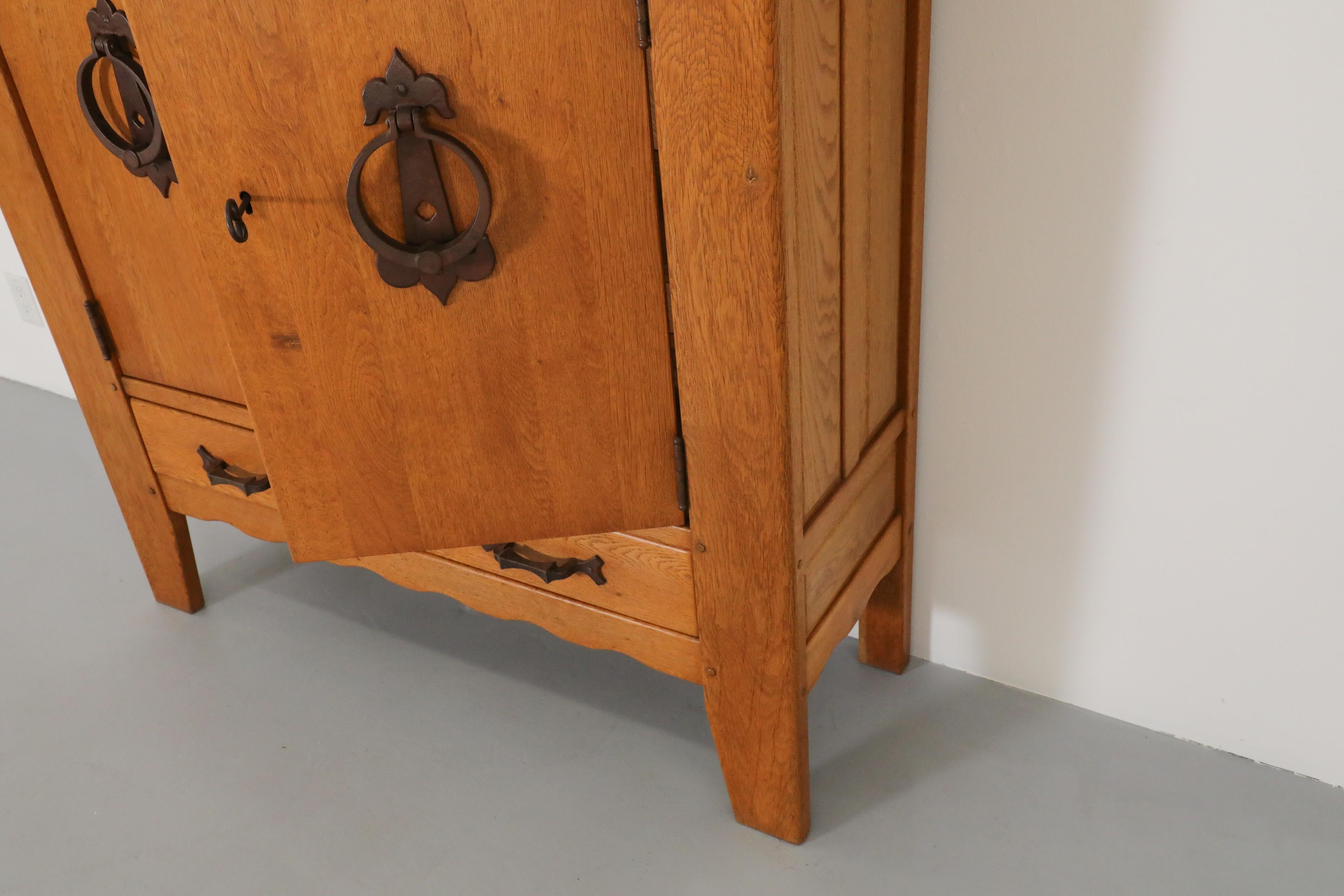 Guillerme et Chambron Inspired Brutalist Solid Oak and Iron Sideboard or Cabinet For Sale 3