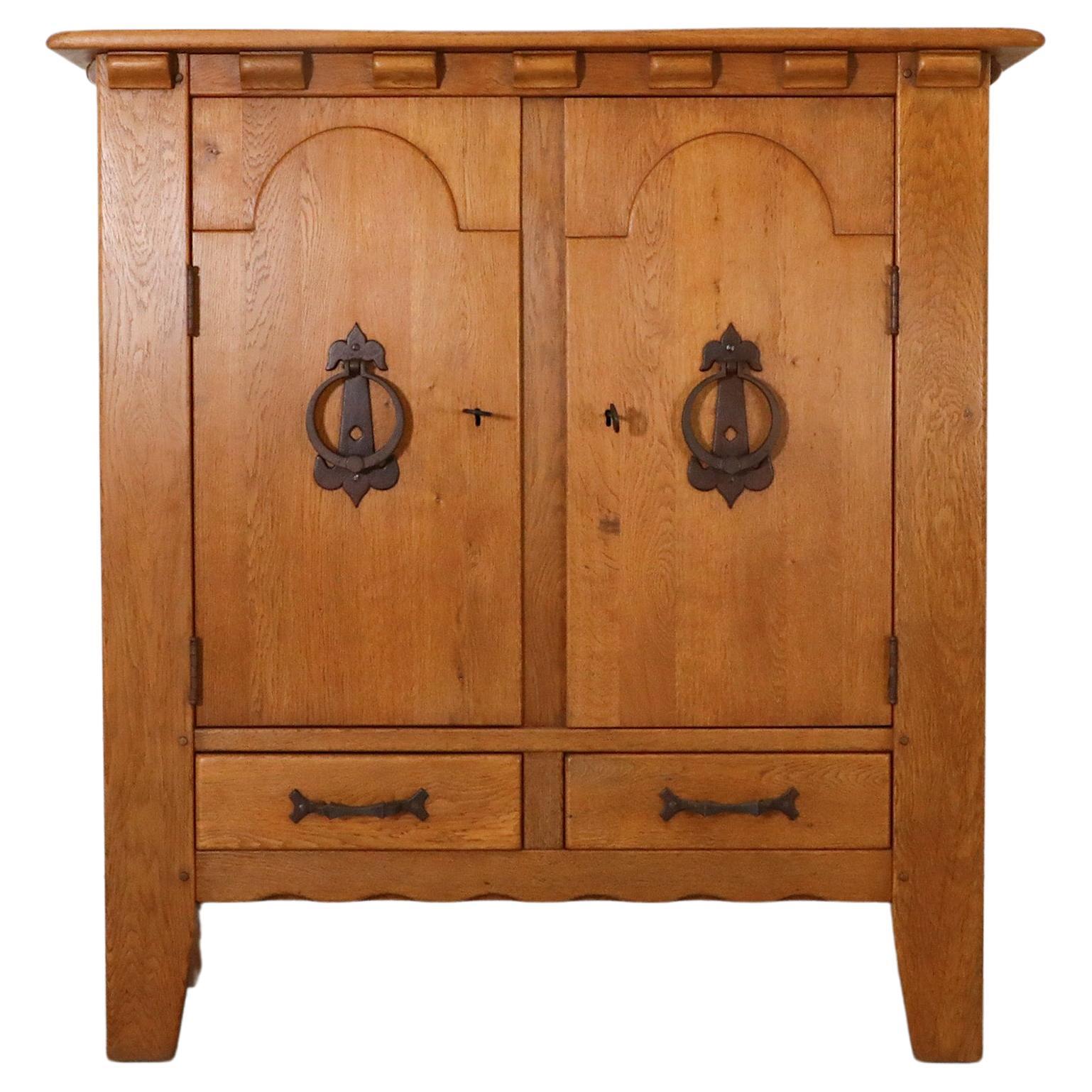 Guillerme et Chambron Inspired Brutalist Solid Oak and Iron Sideboard or Cabinet For Sale