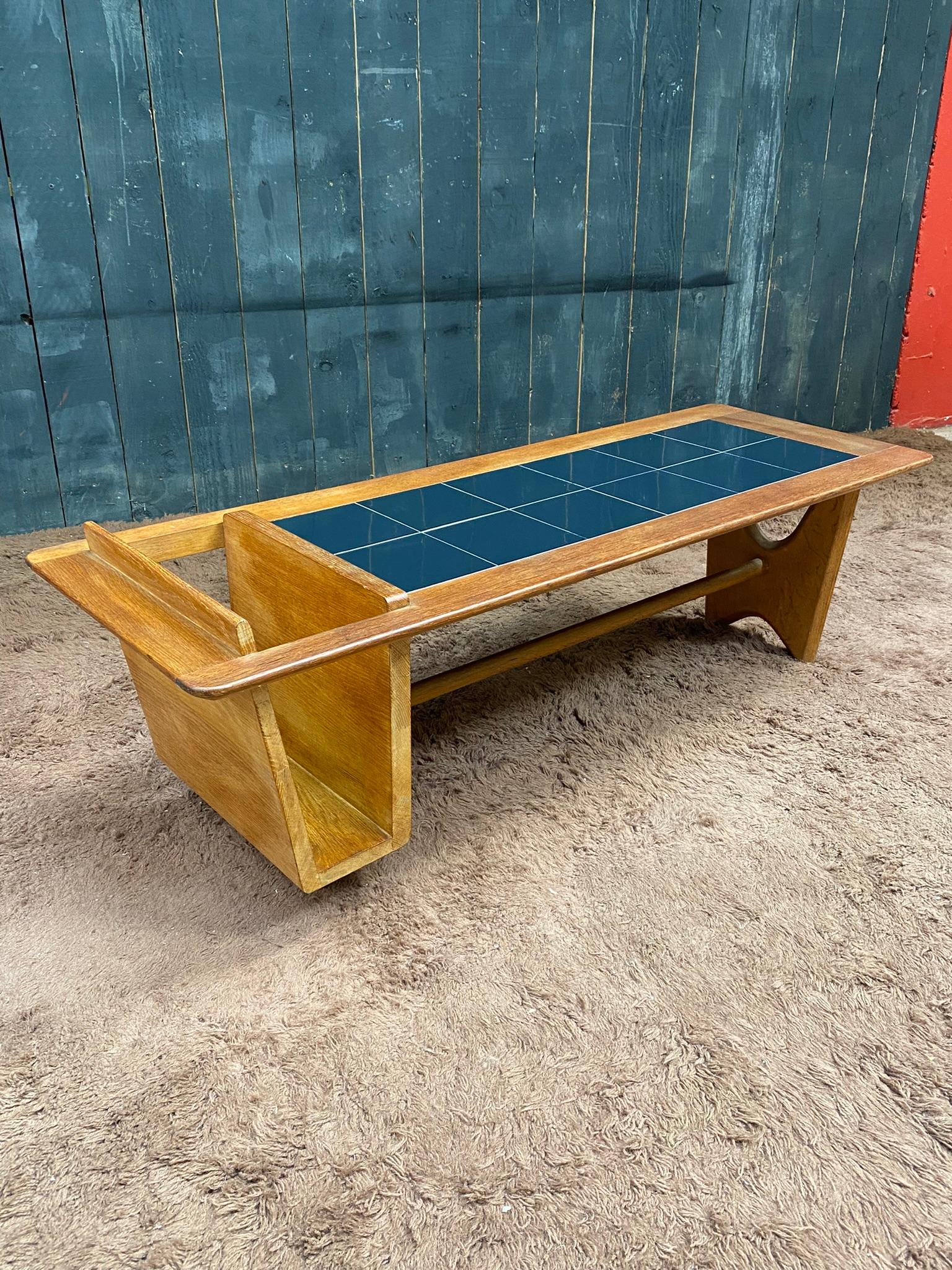 Guillerme et Chambron, Large Coffee Table in Oak and Ceramic, circa 1970 For Sale 4