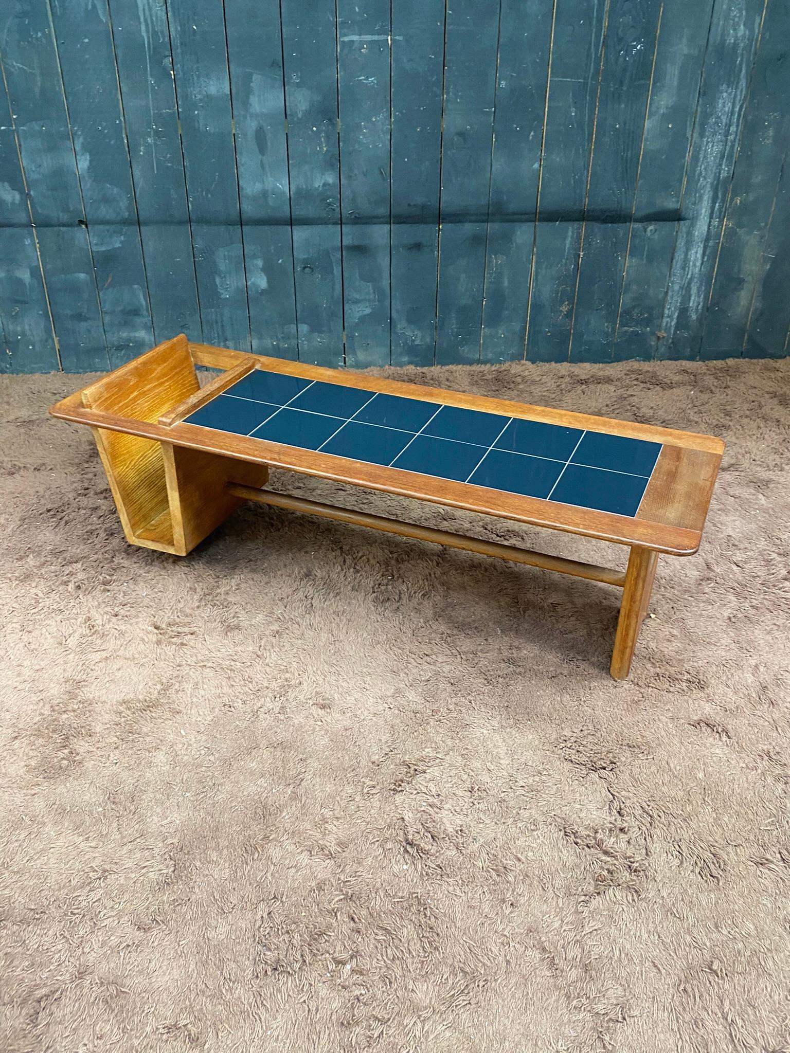 Guillerme et Chambron, Large Coffee Table in Oak and Ceramic, circa 1970 For Sale 5