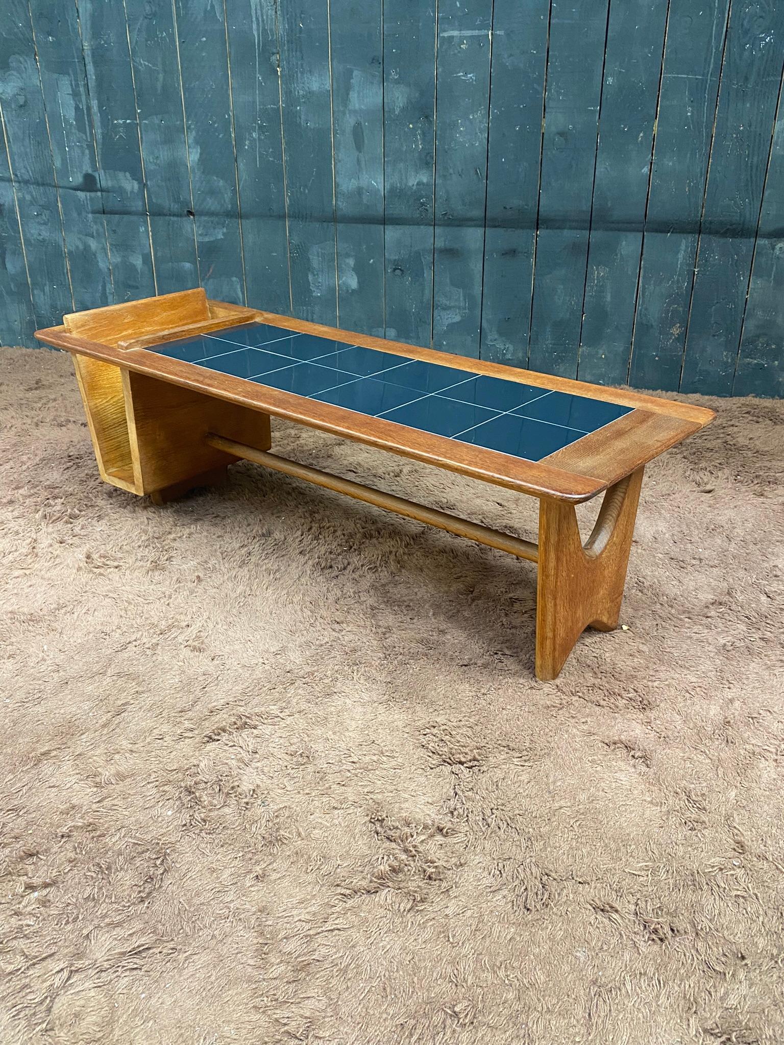 Guillerme et Chambron, Large Coffee Table in Oak and Ceramic, circa 1970 For Sale 6