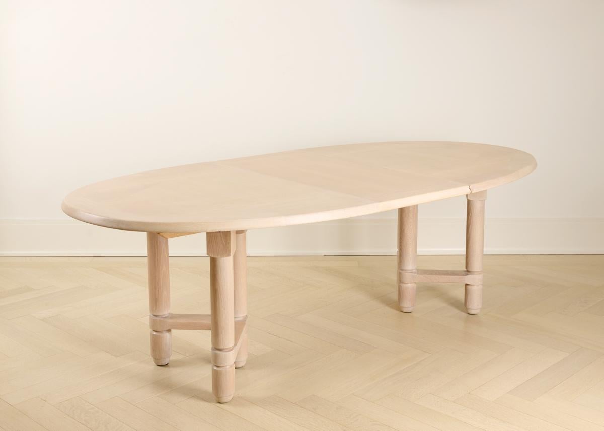 French Guillerme et Chambron, Limed Oak Extendable Dining Table, France, 1970