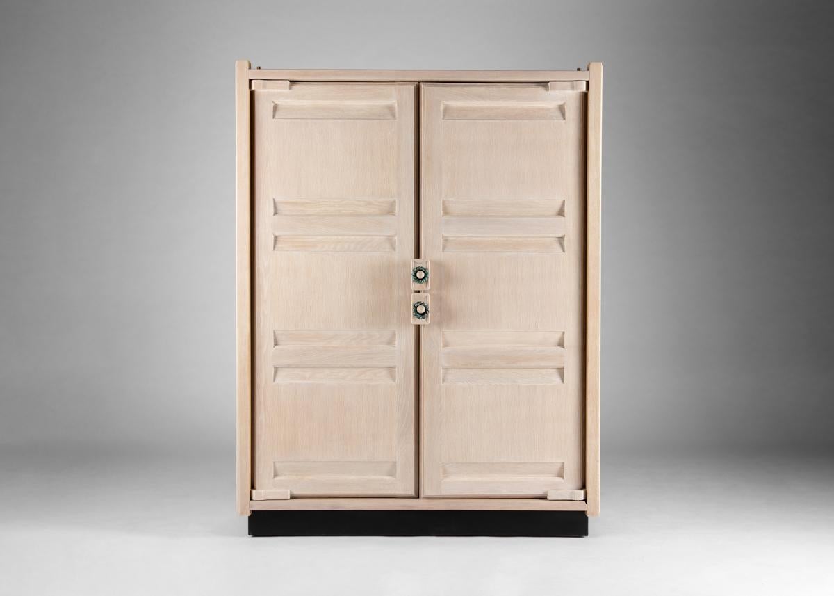 French Guillerme et Chambron, Limed Oak Two-Door Armoire, France, Mid-20th Century For Sale