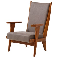 Guillerme et Chambron Linen Upholstered Oak Armchair, France, c. 1960s