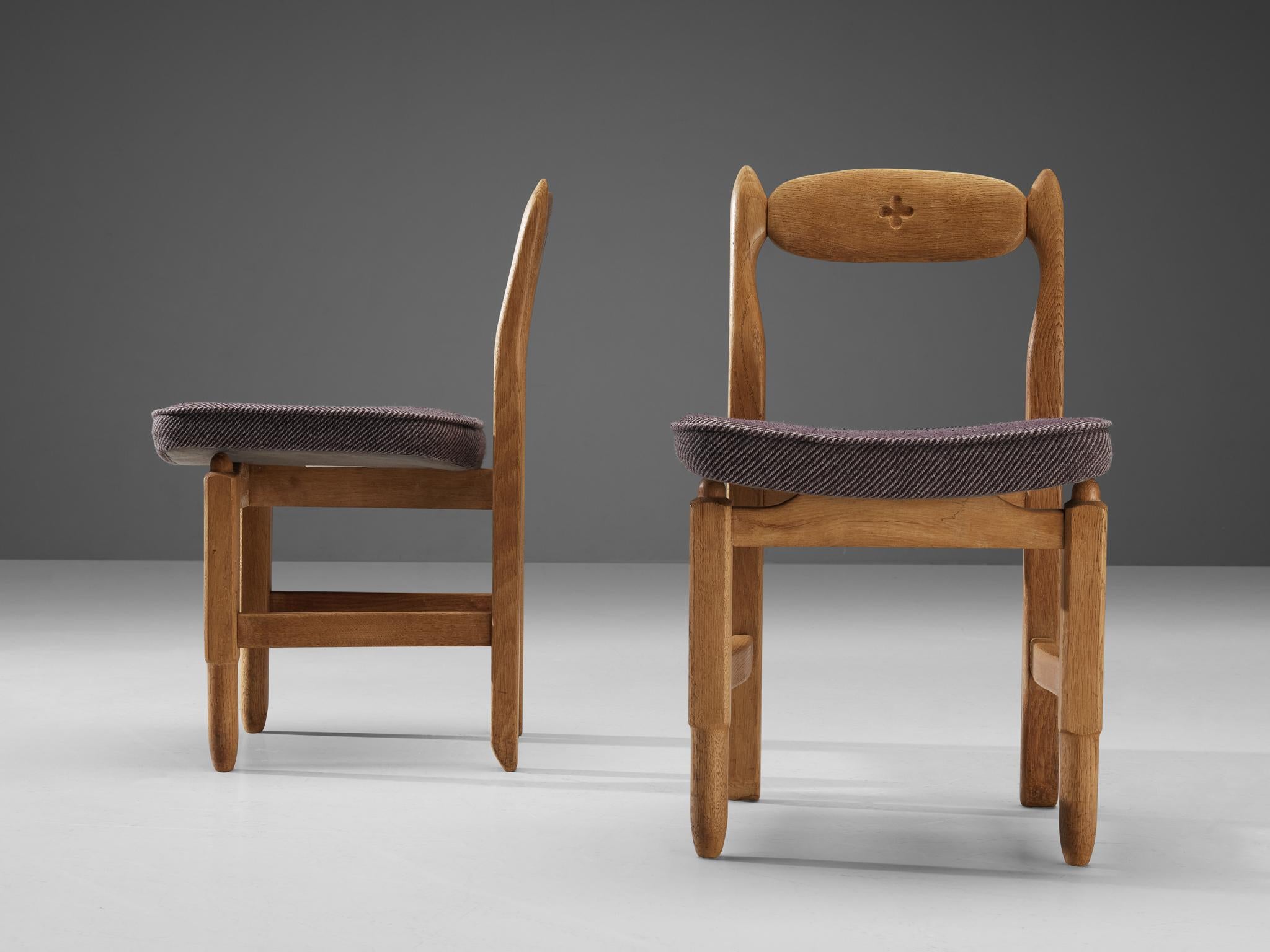French Guillerme & Chambron 'Lorraine' Chairs in Oak and Purple Upholstery