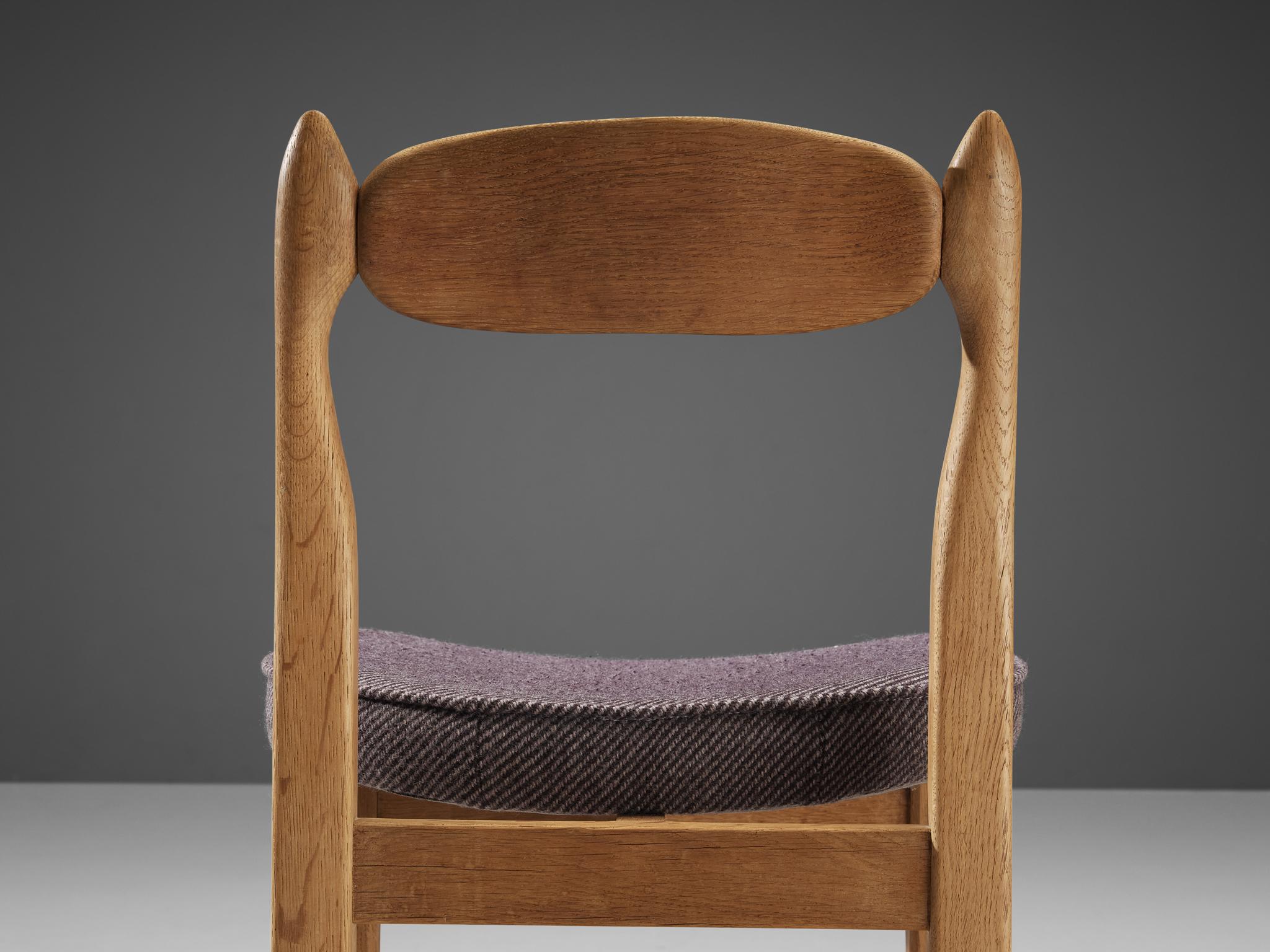 Fabric Guillerme & Chambron 'Lorraine' Chairs in Oak and Purple Upholstery