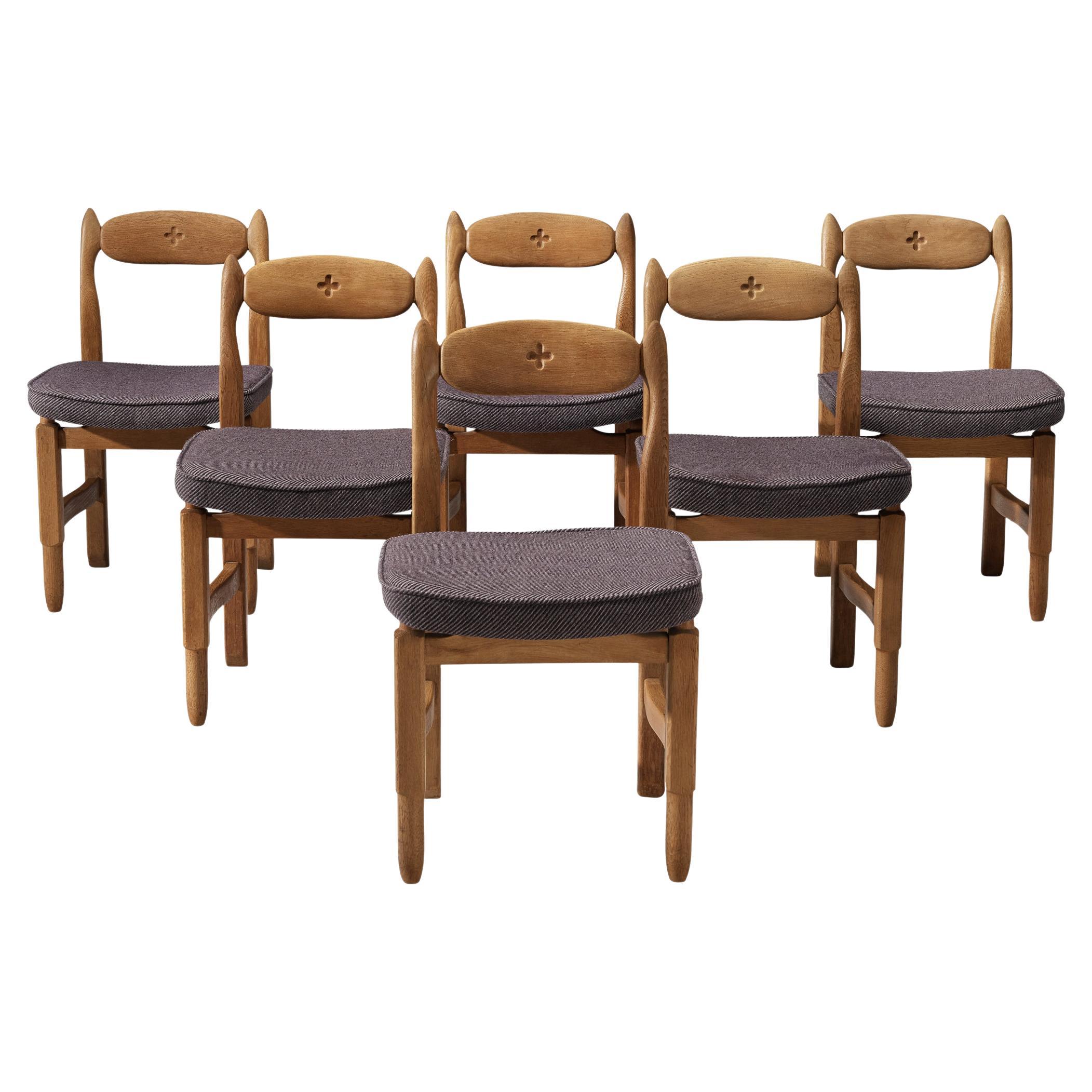 Guillerme & Chambron 'Lorraine' Chairs in Oak and Purple Upholstery