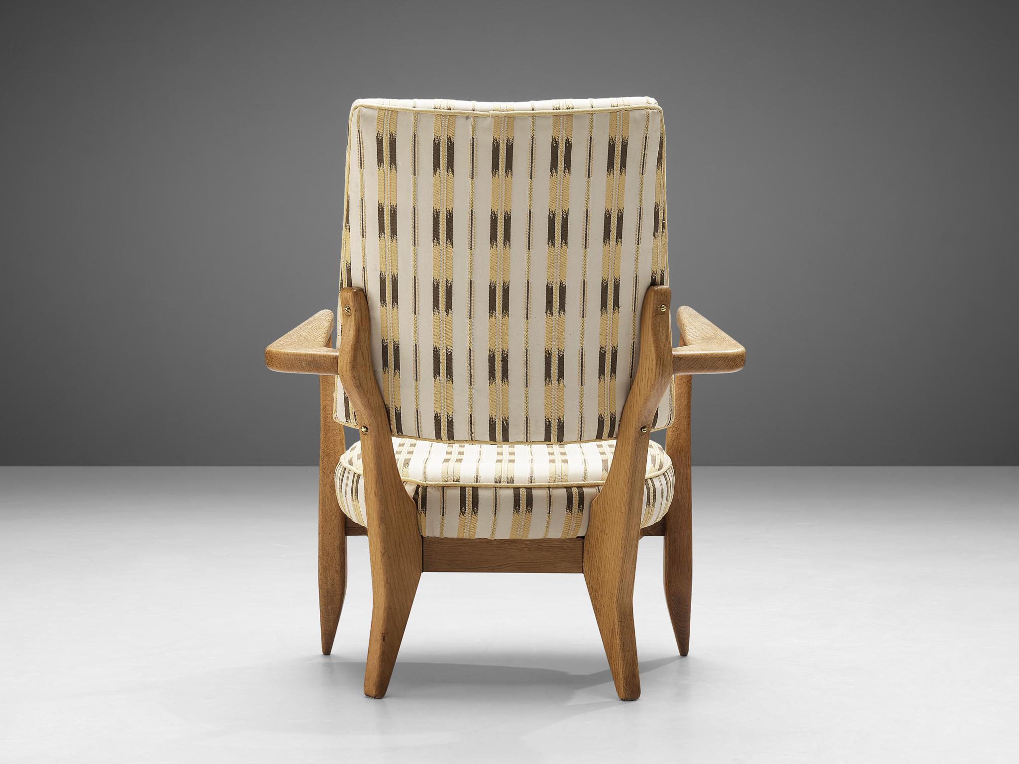 French Guillerme et Chambron Lounge Chair in Oak with Patterned Upholstery