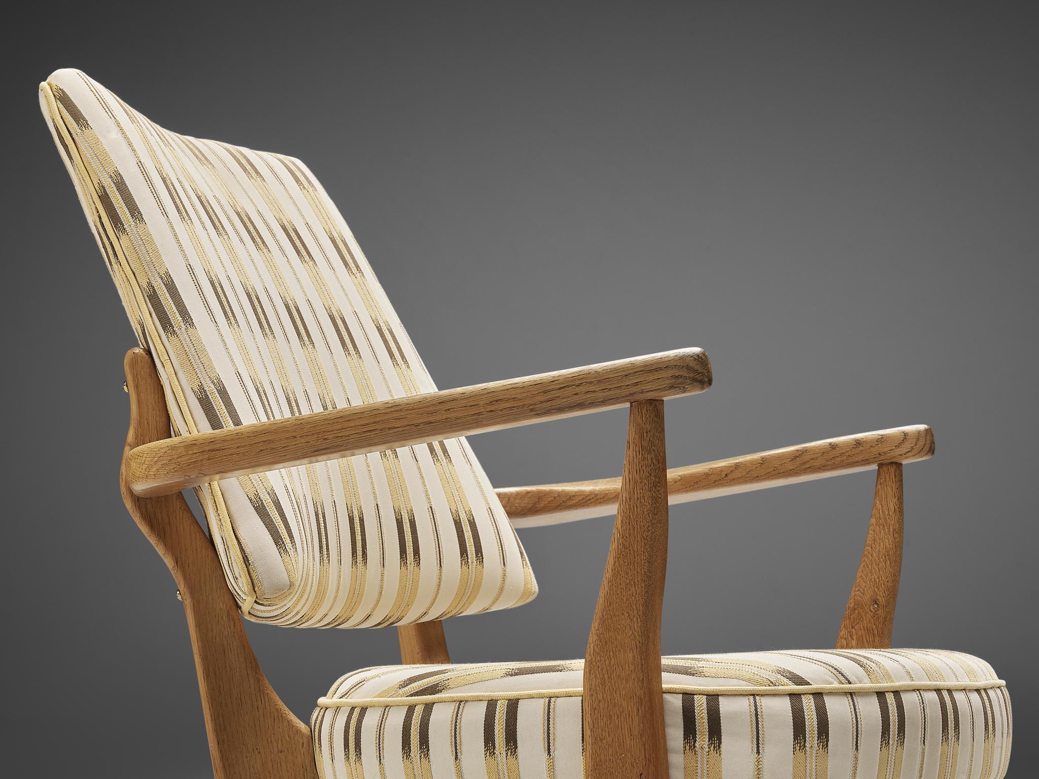 Fabric Guillerme et Chambron Lounge Chair in Oak with Patterned Upholstery