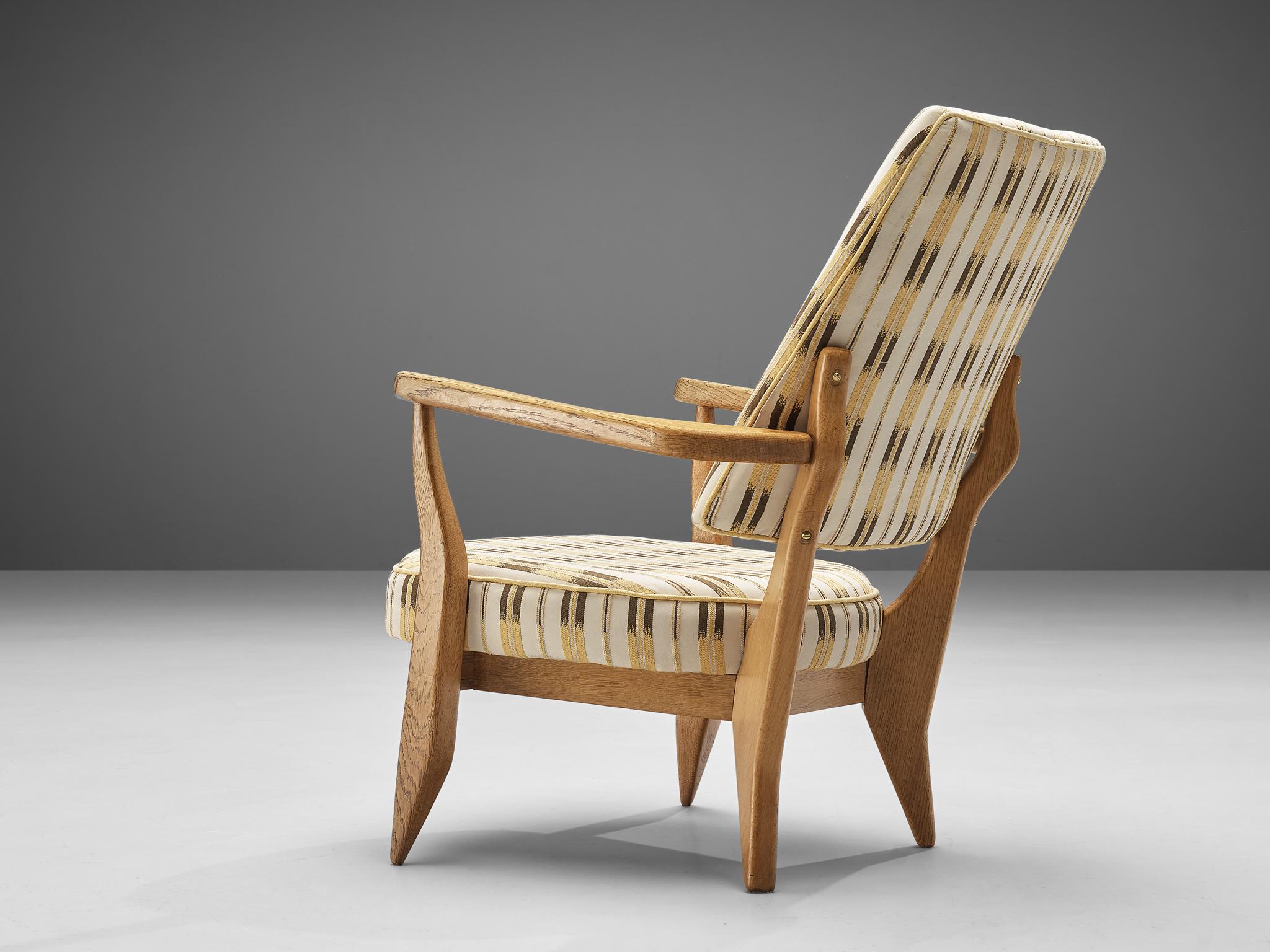 Guillerme et Chambron Lounge Chair in Oak with Patterned Upholstery 1