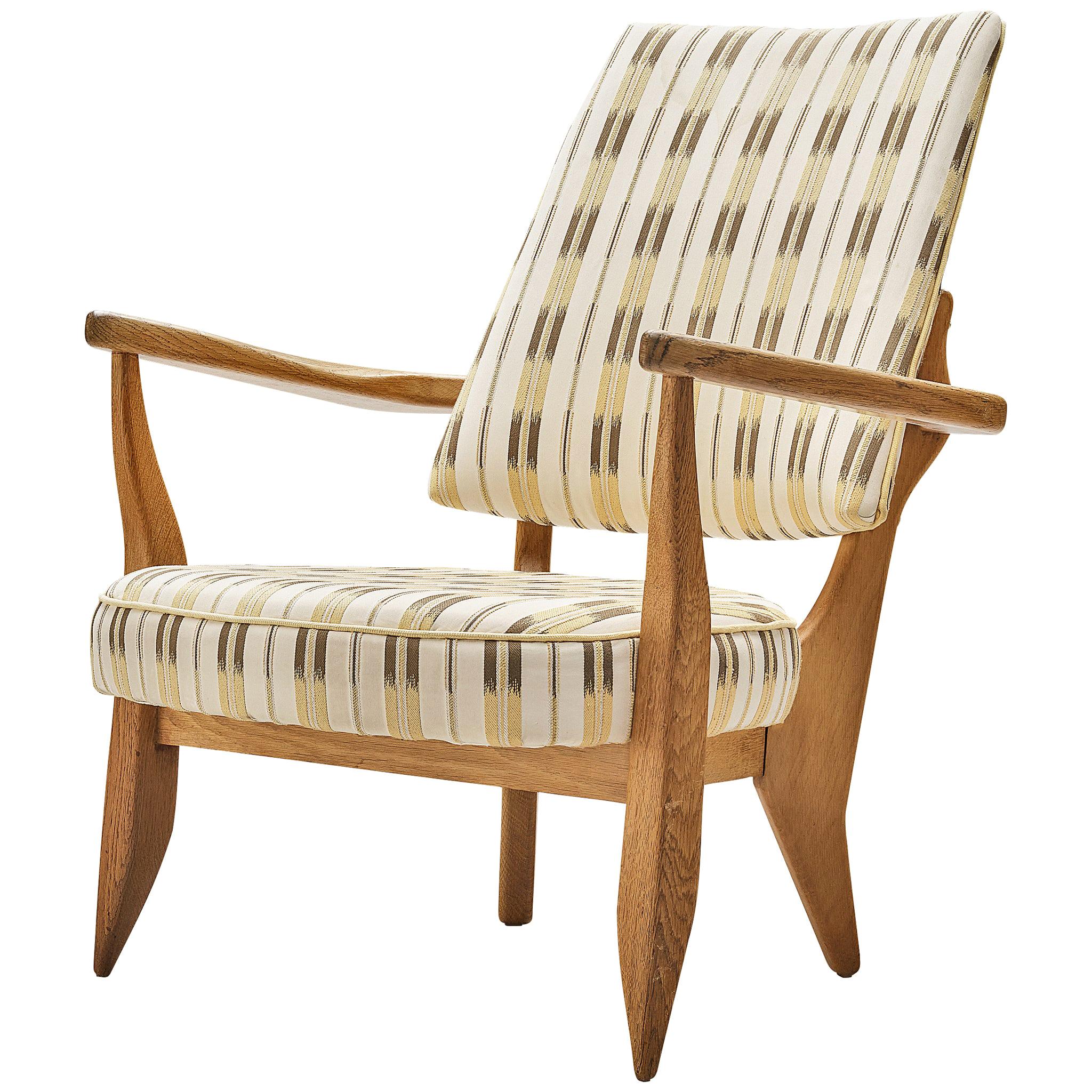 Guillerme et Chambron Lounge Chair in Oak with Patterned Upholstery