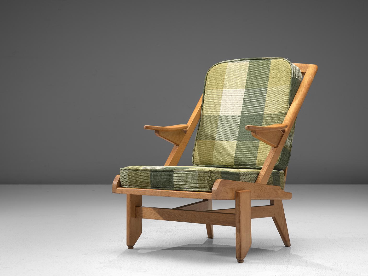 French Guillerme et Chambron Lounge Chair with Green Checkered Upholstery
