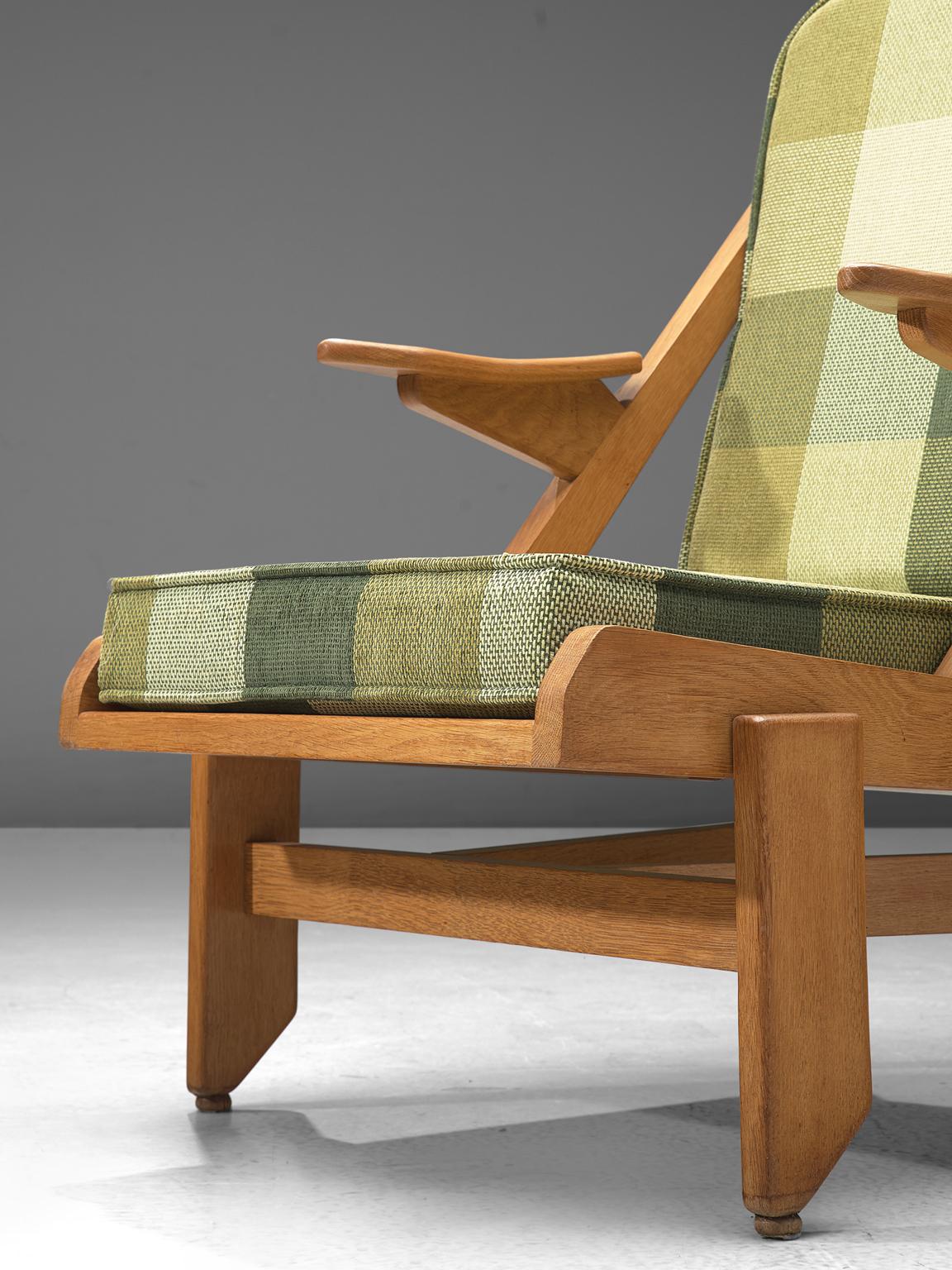 Fabric Guillerme et Chambron Lounge Chair with Green Checkered Upholstery