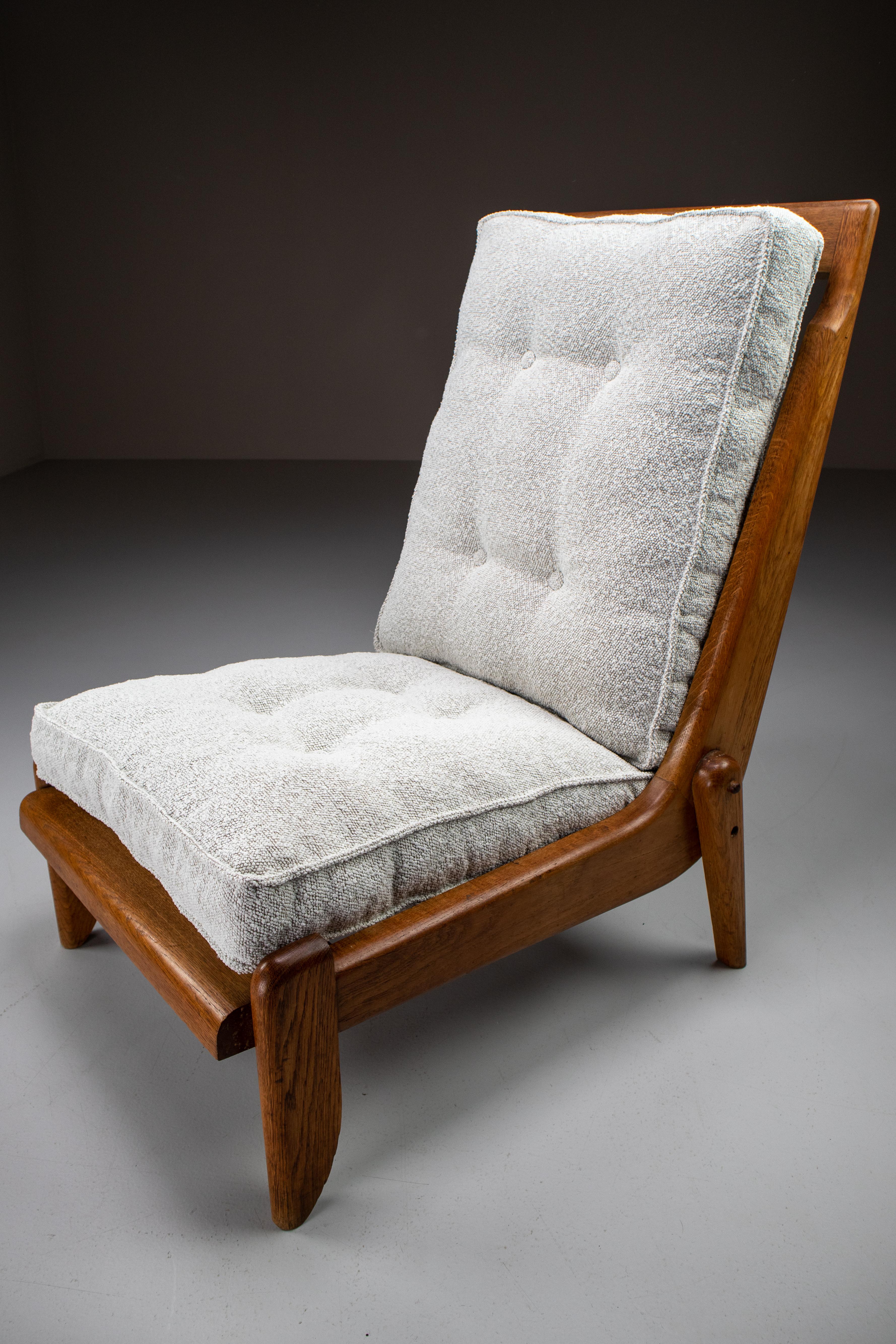 Guillerme et Chambron Lounge Chairs in Blond Oak and Bouclé Fabric, France, 1950 1