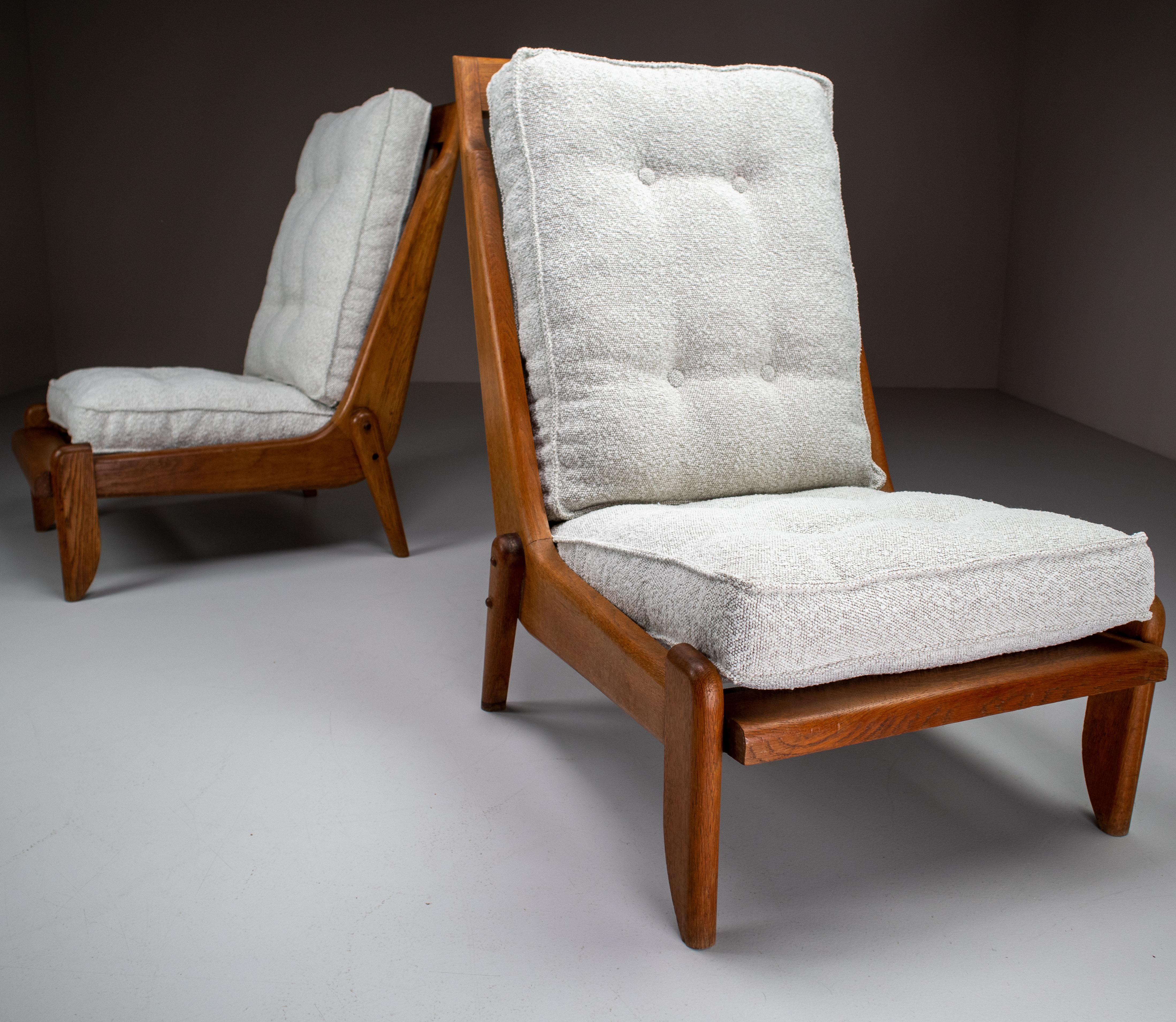 Guillerme et Chambron Lounge Chairs in Blond Oak and Bouclé Fabric, France, 1950 3