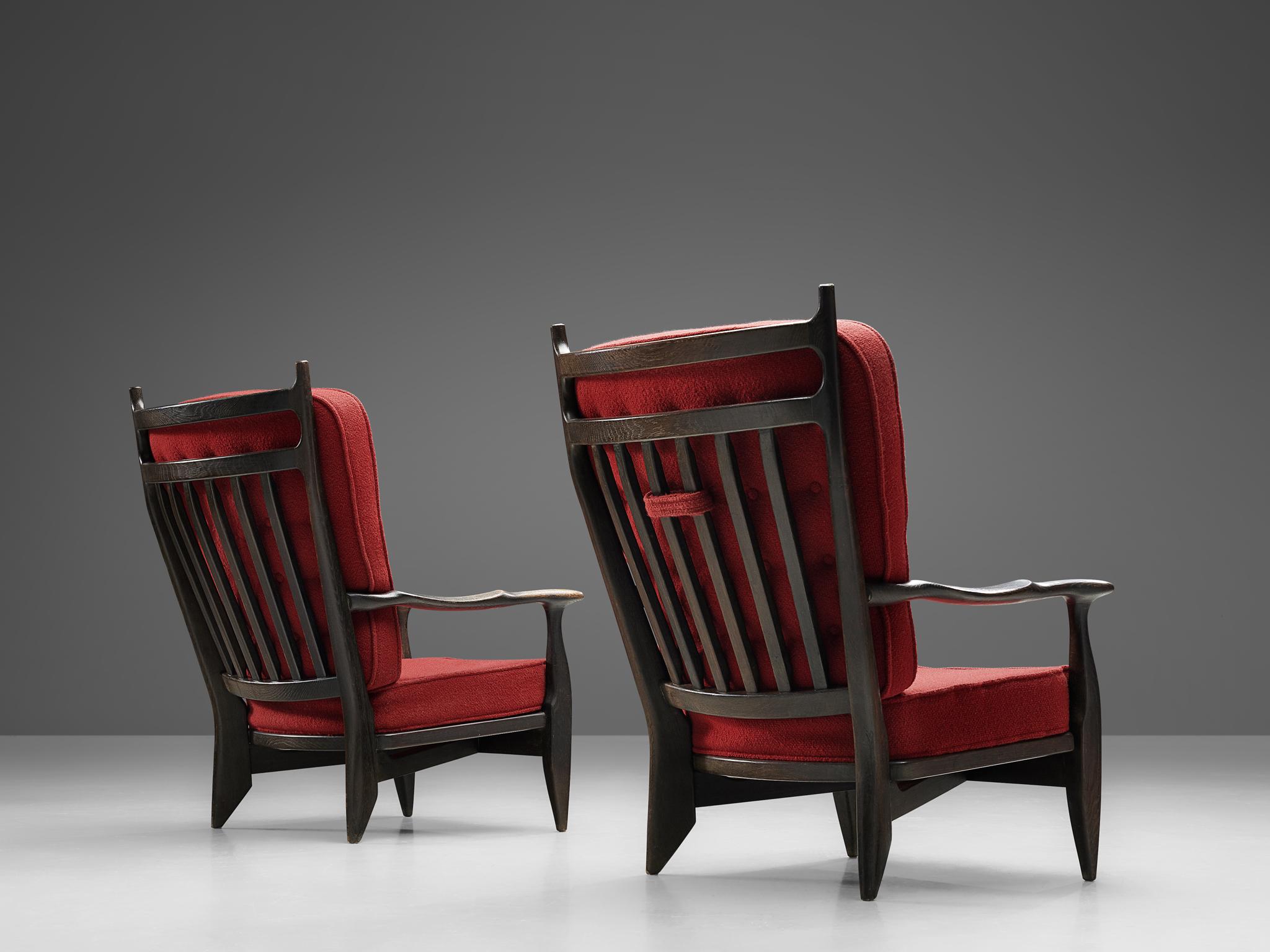 French Guillerme et Chambron Lounge Chairs in Oak with Red Upholstery