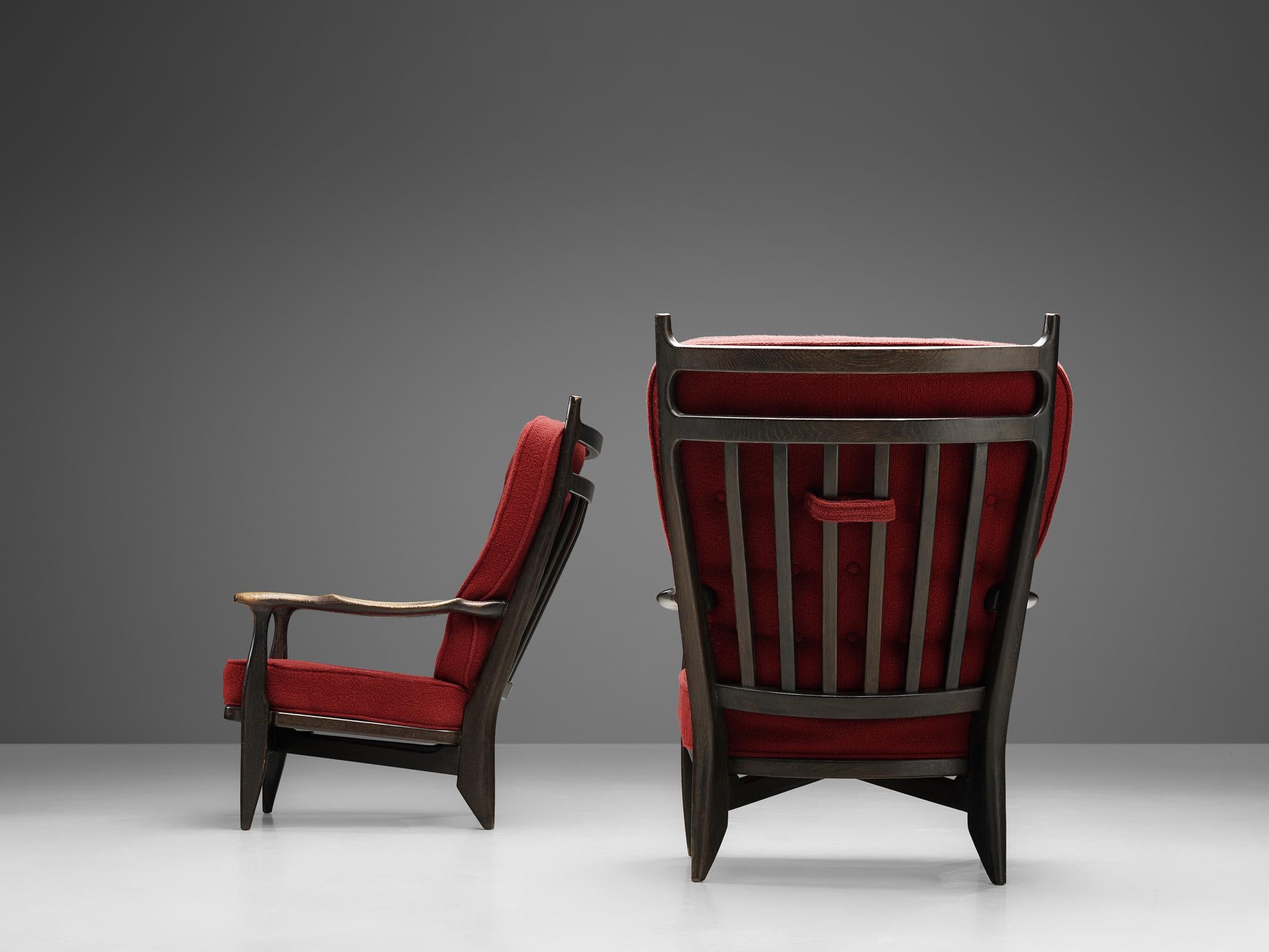 Mid-20th Century Guillerme et Chambron Lounge Chairs in Oak with Red Upholstery