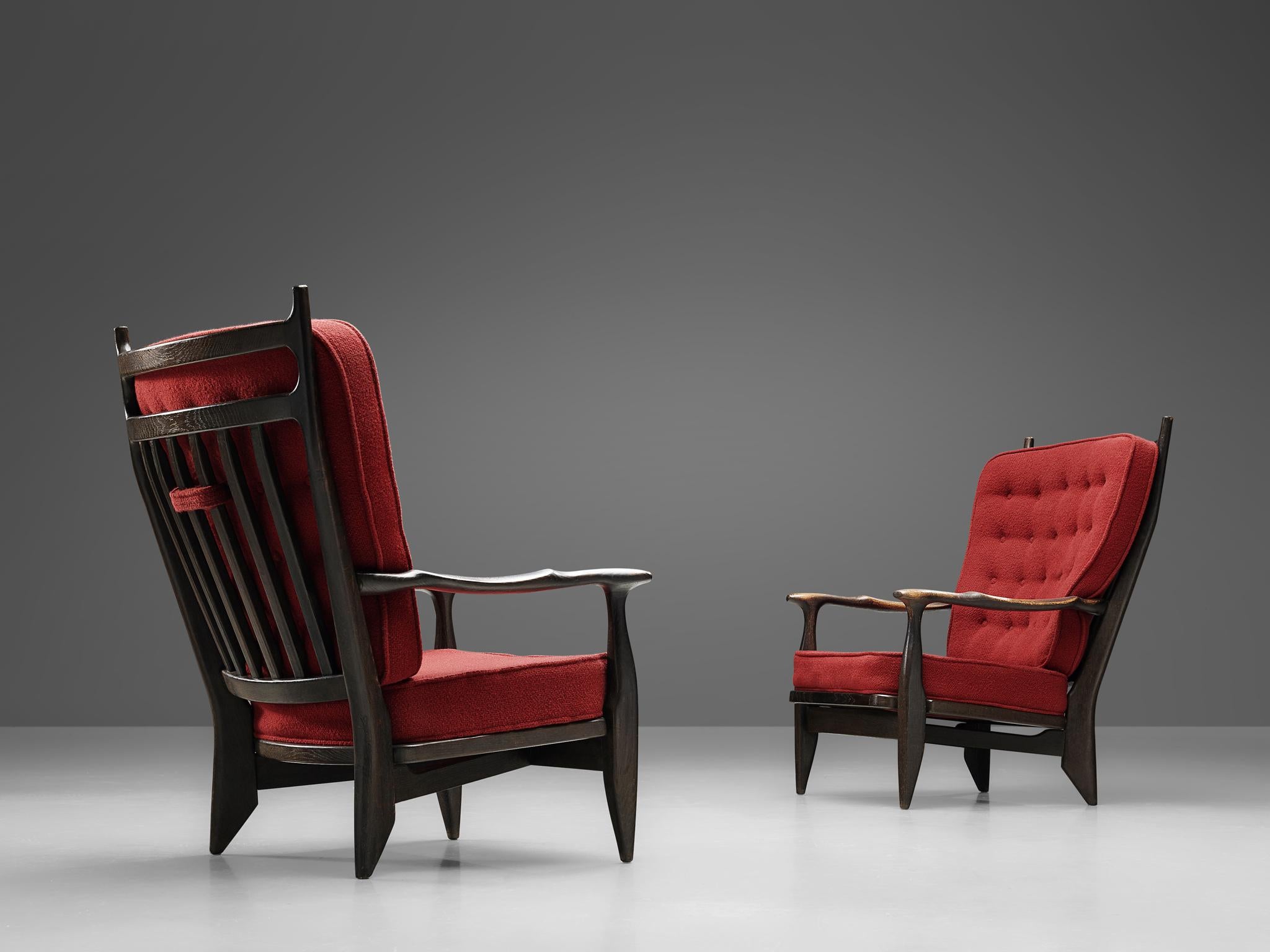 Guillerme et Chambron Lounge Chairs in Oak with Red Upholstery 1