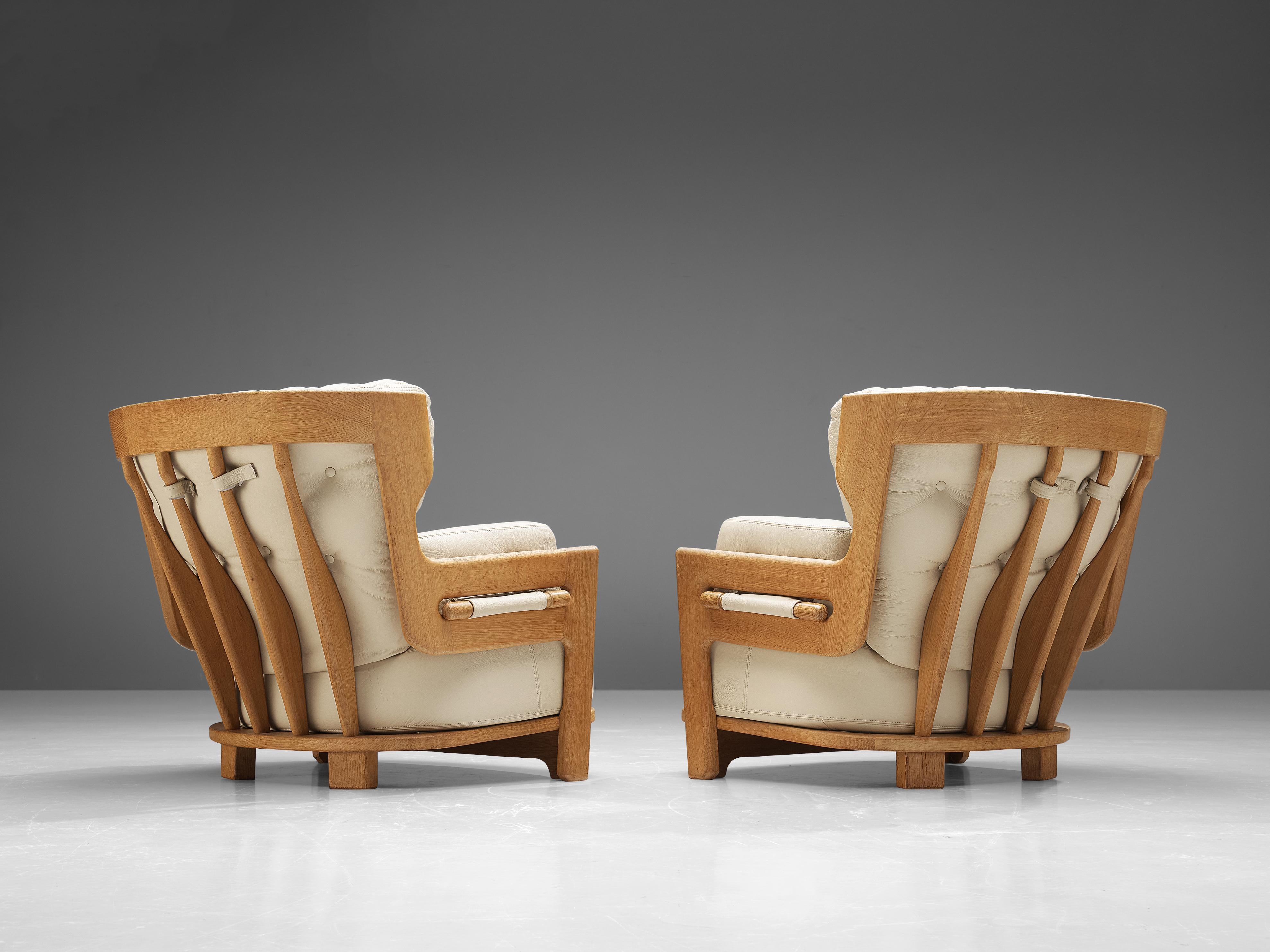 Guillerme et Chambron Lounge Chairs Model 'Denis' in Solid Oak and Leather In Good Condition In Waalwijk, NL