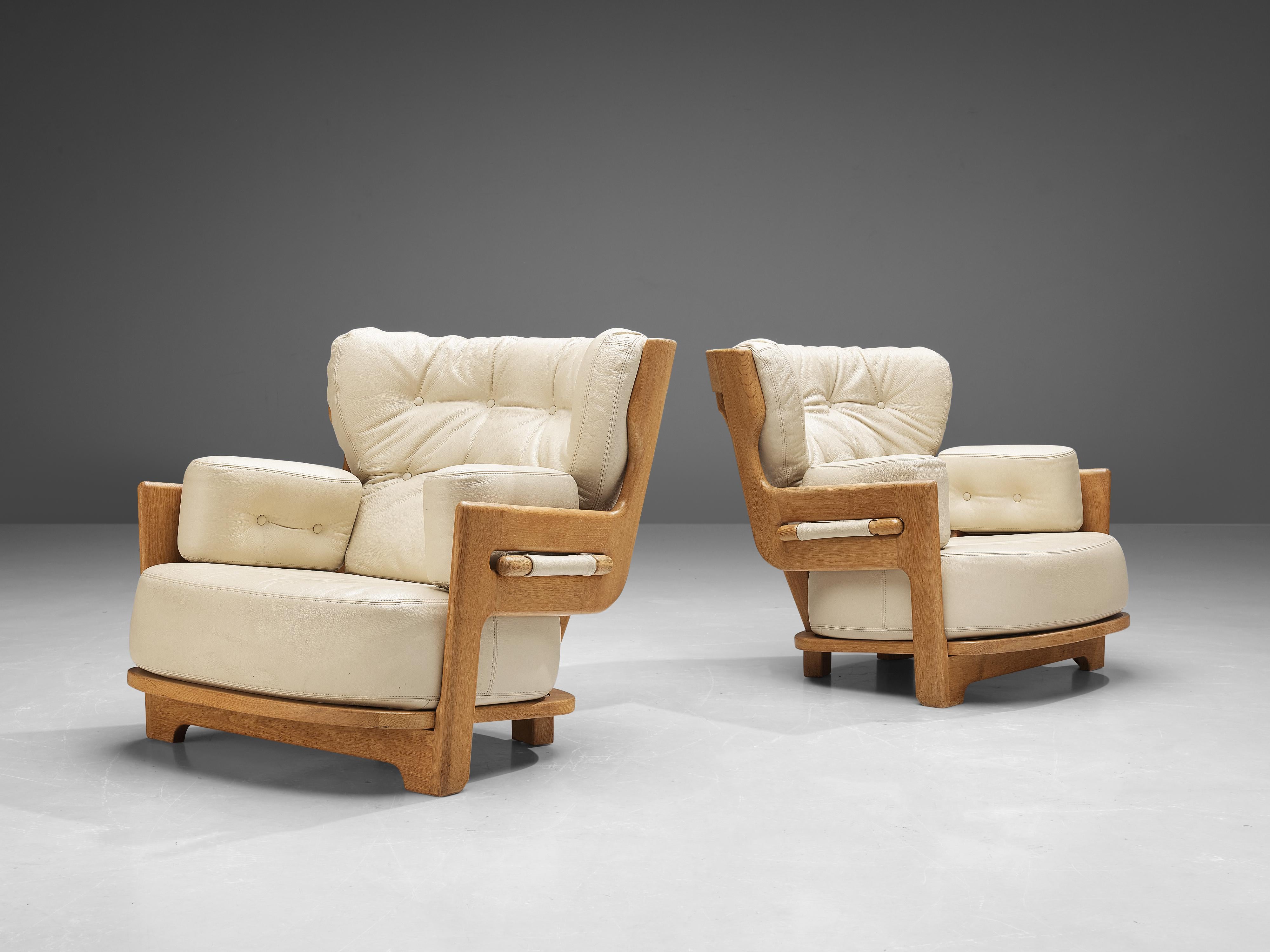 Guillerme et Chambron Lounge Chairs Model 'Denis' in Solid Oak and Leather 1