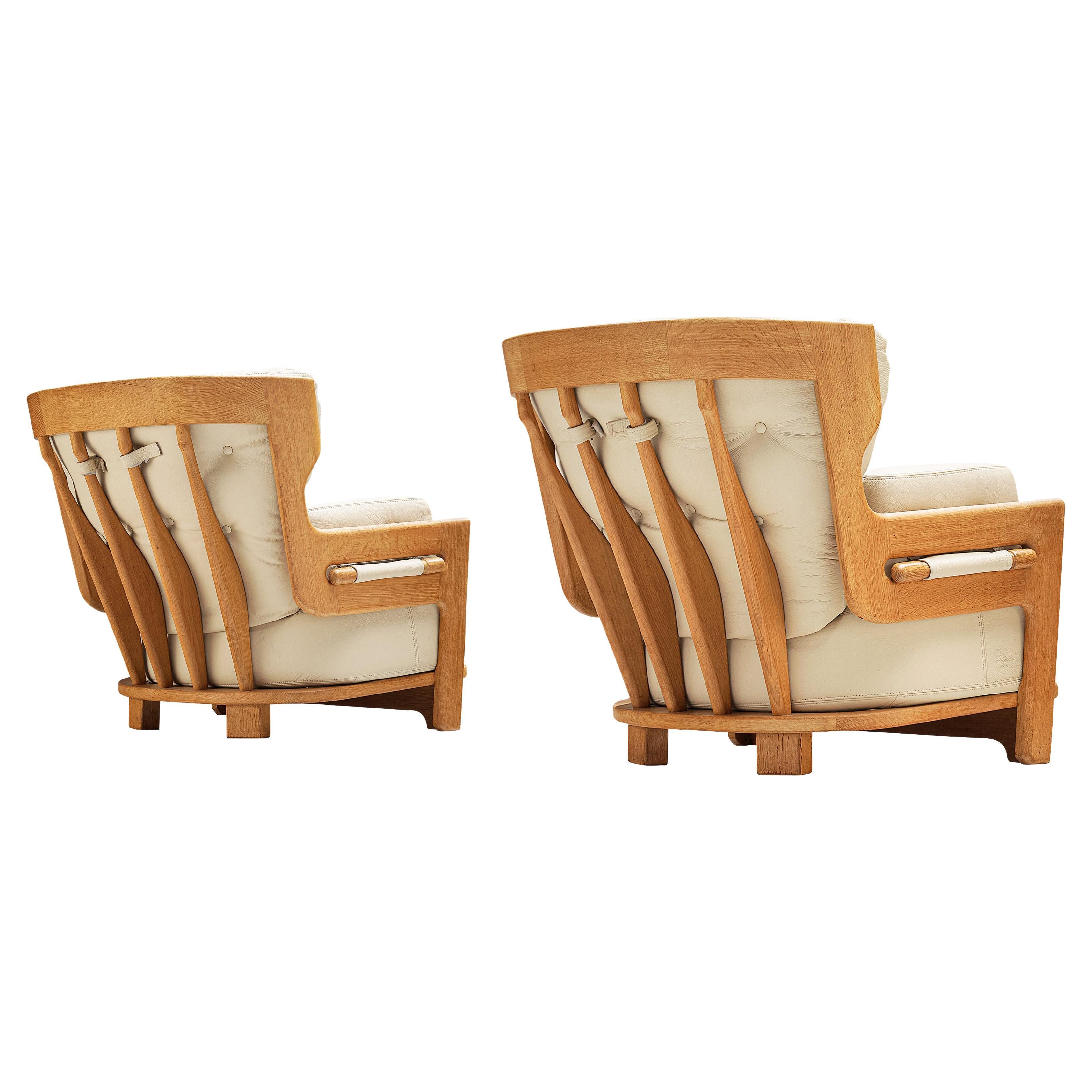 Guillerme et Chambron Lounge Chairs Model 'Denis' in Solid Oak and Leather