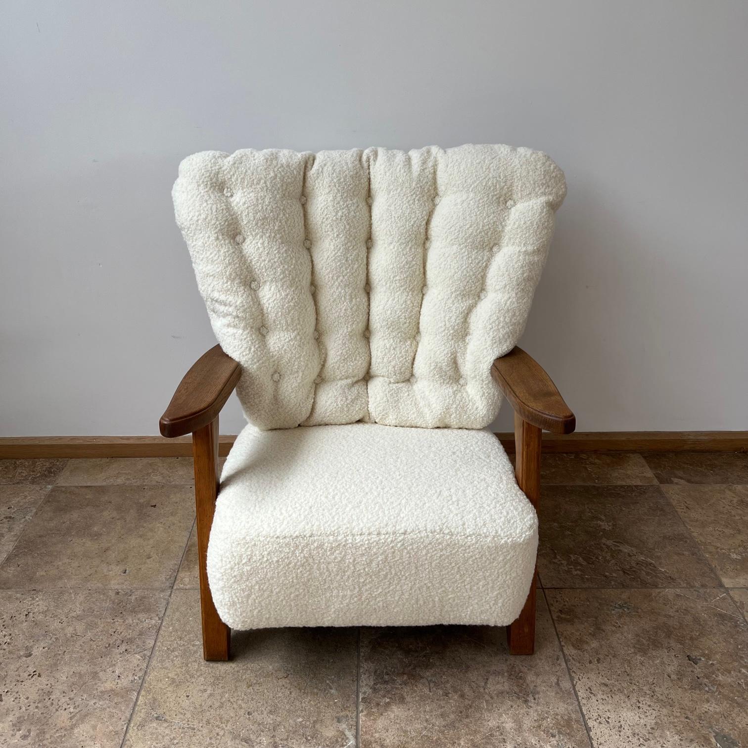 A single mid-century petite armchair by Guillerme et Chambron. 

France, c1960s. 

Solid oak construction, professionally upholstered in chase erwin boucle fabric. 

Good condition. 

Location: London Gallery. 

Dimensions: 80 W x 84 D x