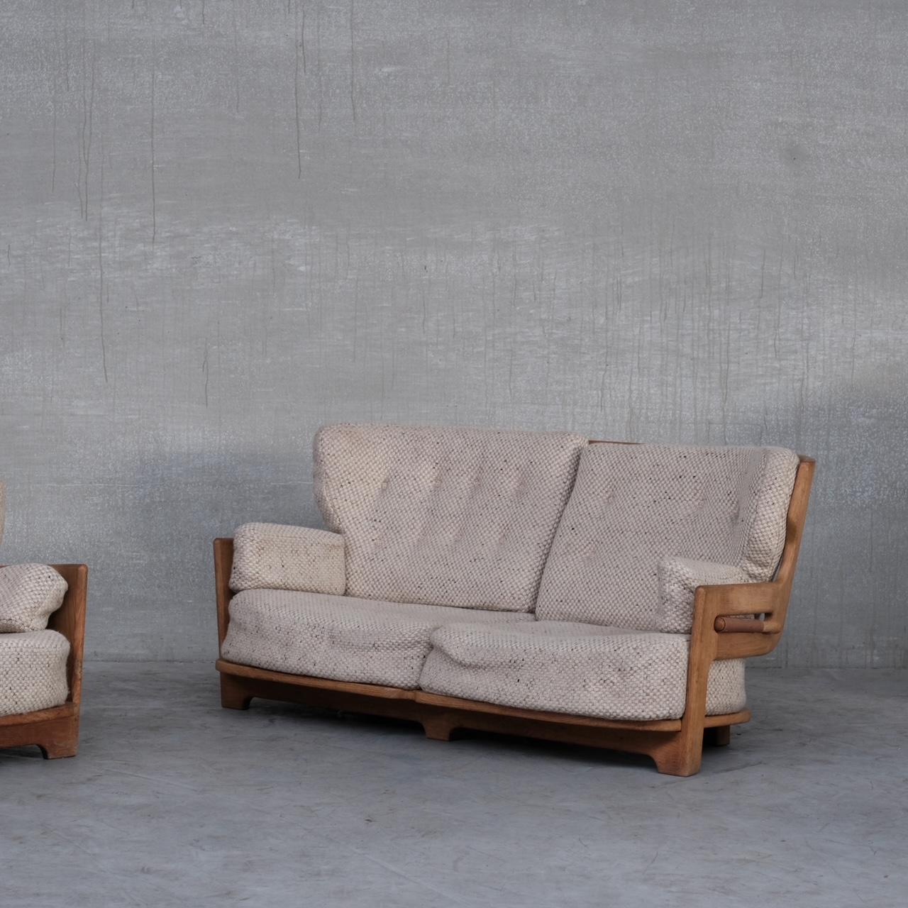 French Guillerme et Chambron Mid-Century Oak 'Denis' Armchair and Sofa Set For Sale