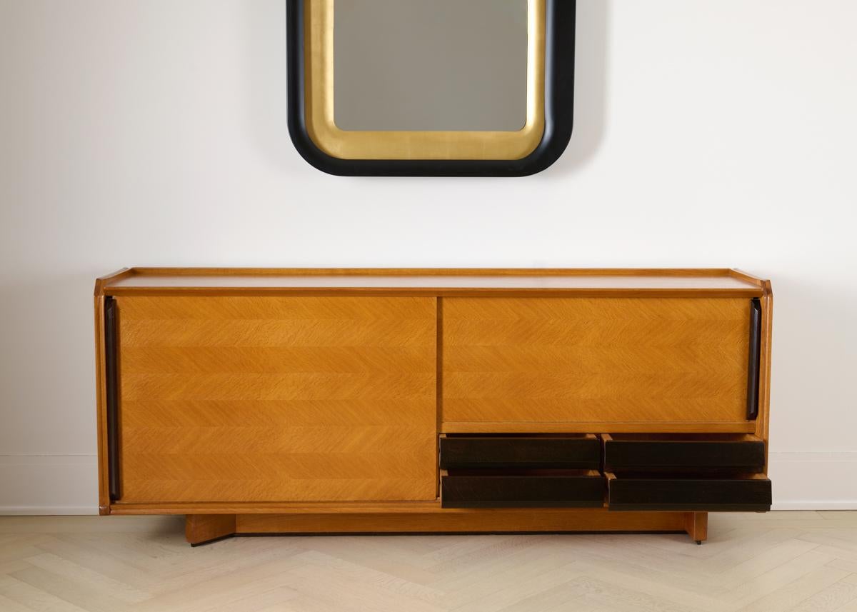 Oak Guillerme et Chambron, Midcentury Buffet with Sliding Doors, France, circa 1950 For Sale