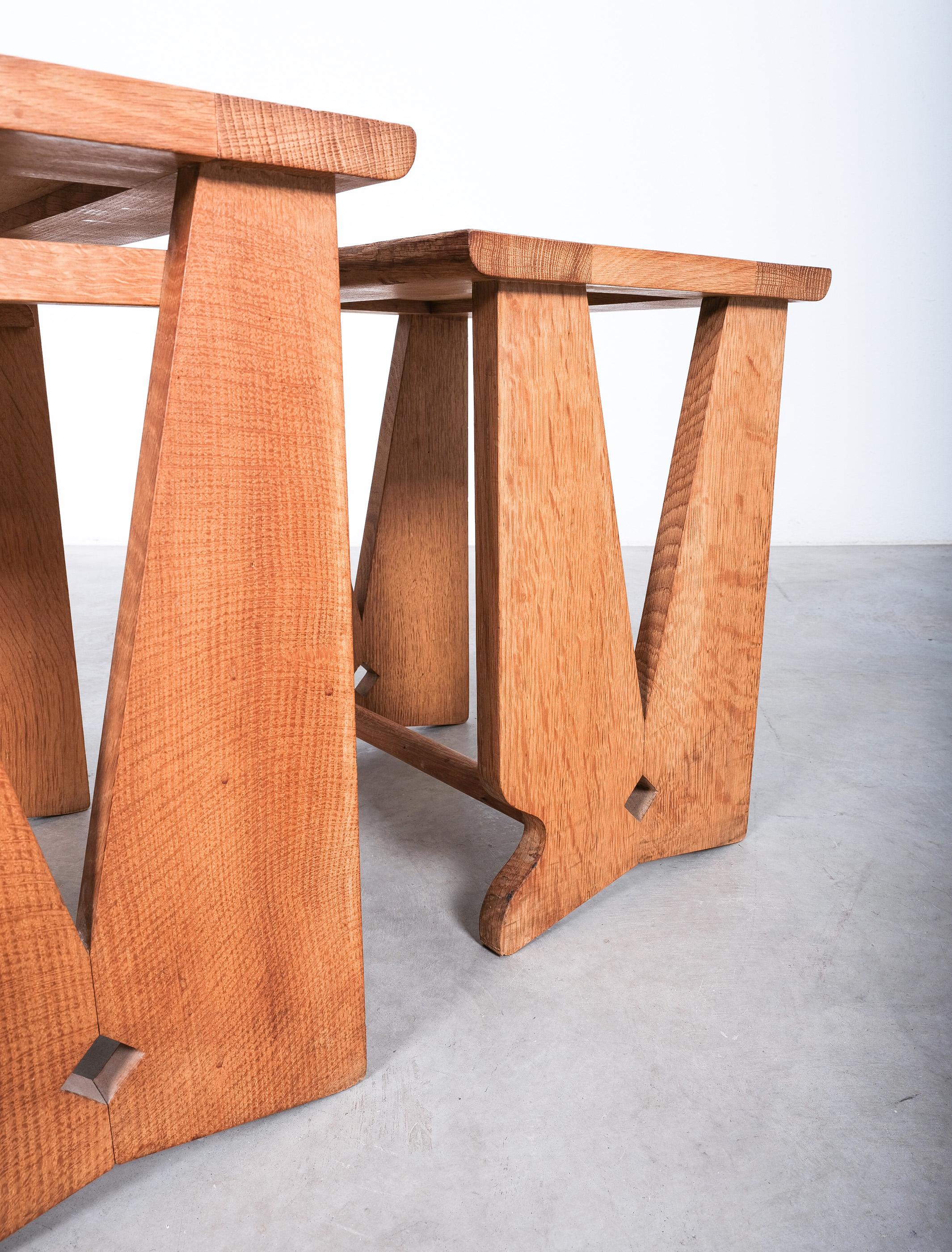 Oak Guillerme & Chambron, Set of 3 Tile-Topped Nesting Tables, France, Midcentury