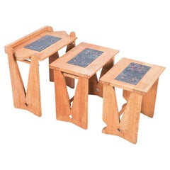 Retro Guillerme & Chambron, Set of 3 Tile-Topped Nesting Tables, France, Midcentury