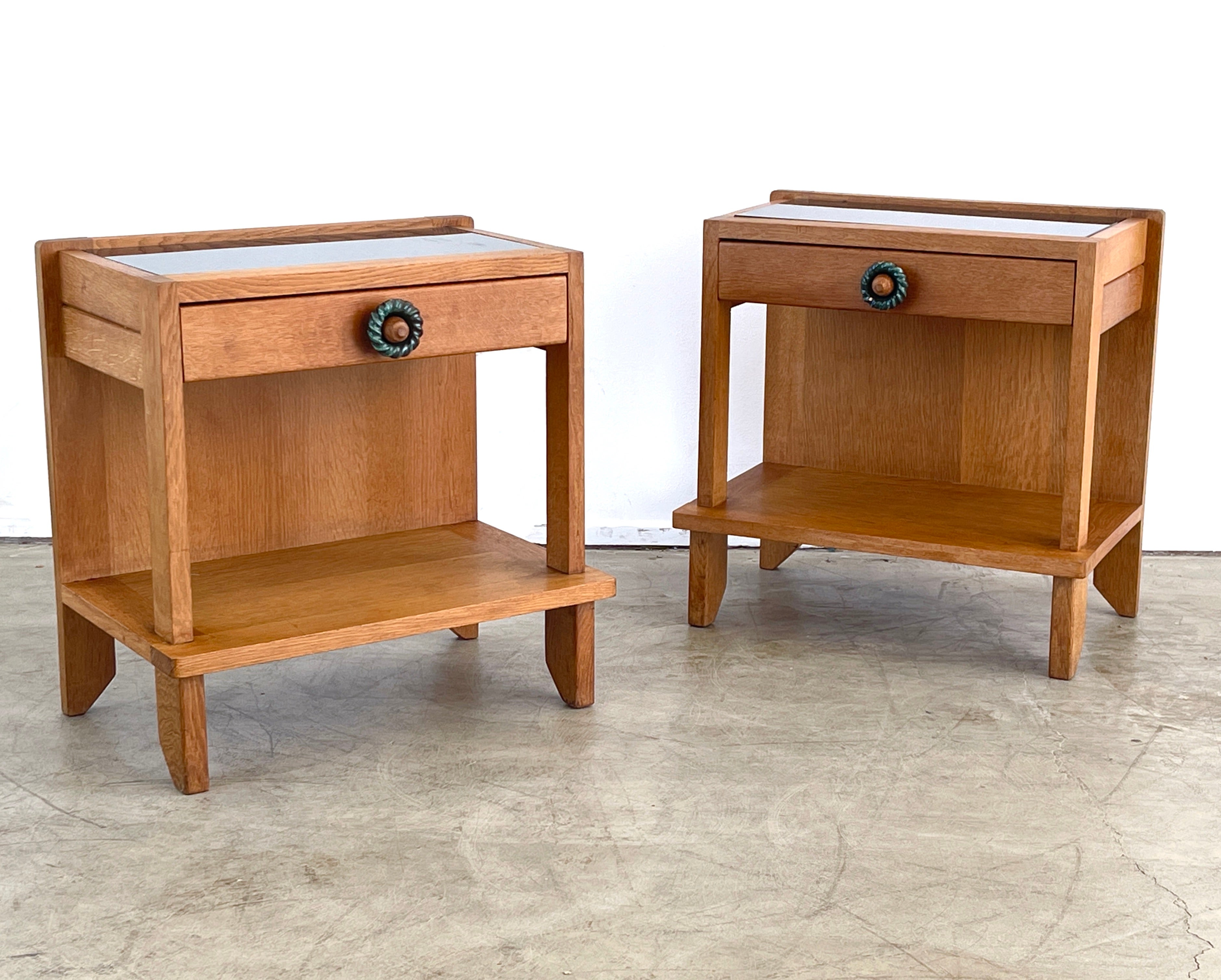 Fantastic pair of Guillerme et Chambron Nightstands with single drawer and ornate ceramic drawer pull.  
