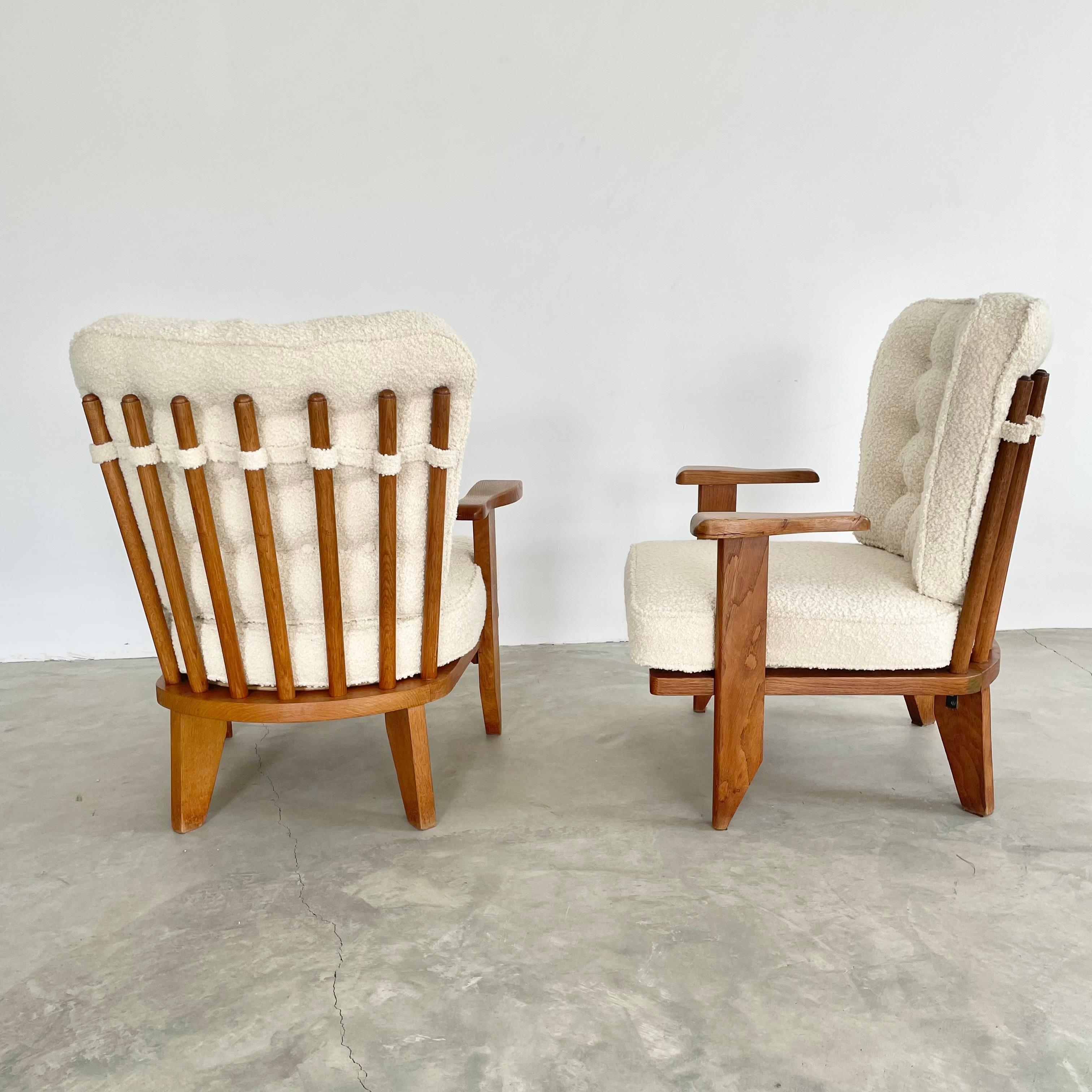 Guillerme et Chambron Oak and Boucle Armchairs, France 1960s 7