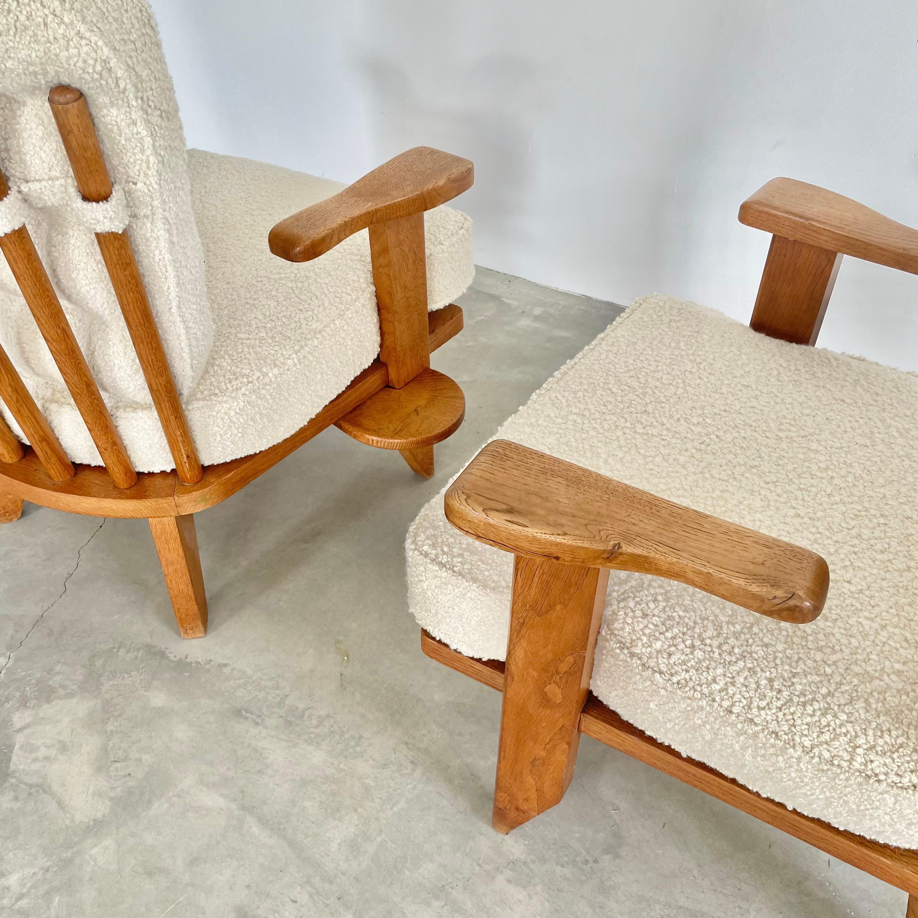 Guillerme et Chambron Oak and Boucle Armchairs, France 1960s 9