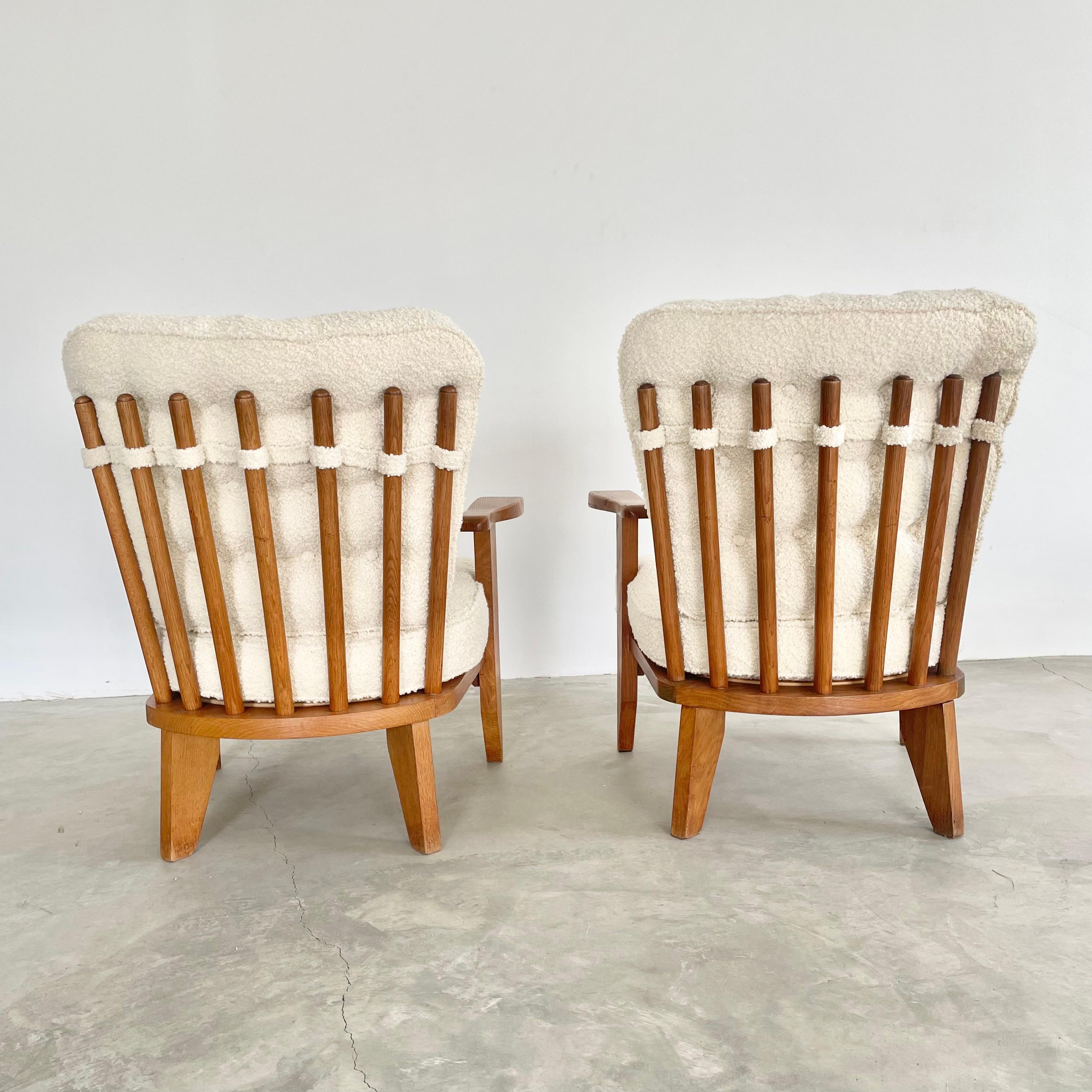 French Guillerme et Chambron Oak and Boucle Armchairs, France 1960s