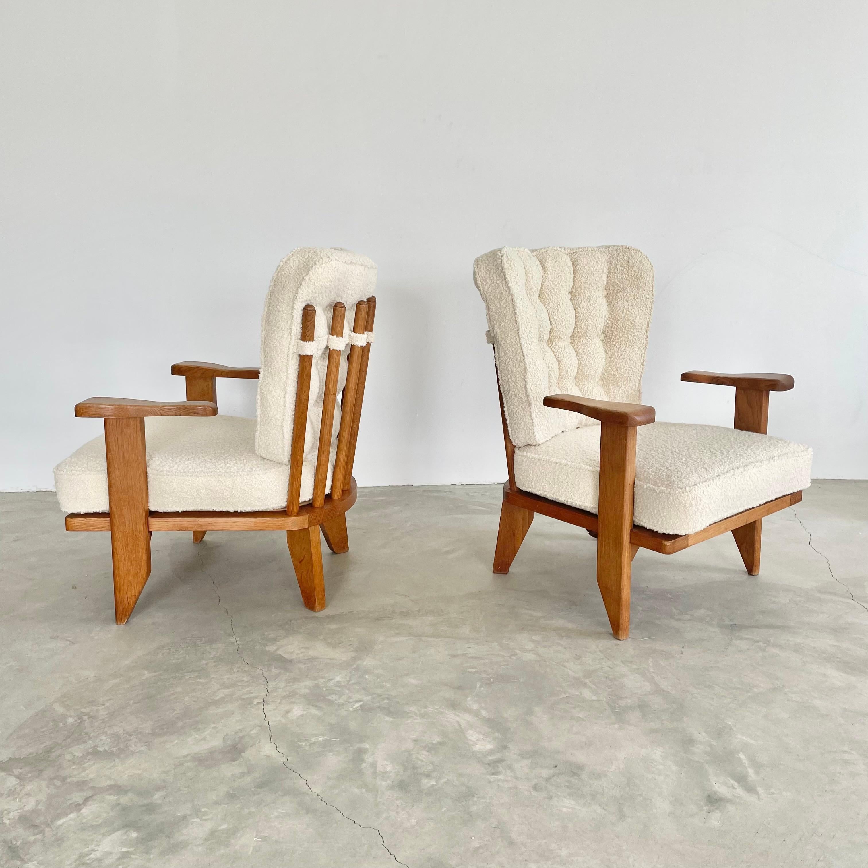 Wool Guillerme et Chambron Oak and Boucle Armchairs, France 1960s