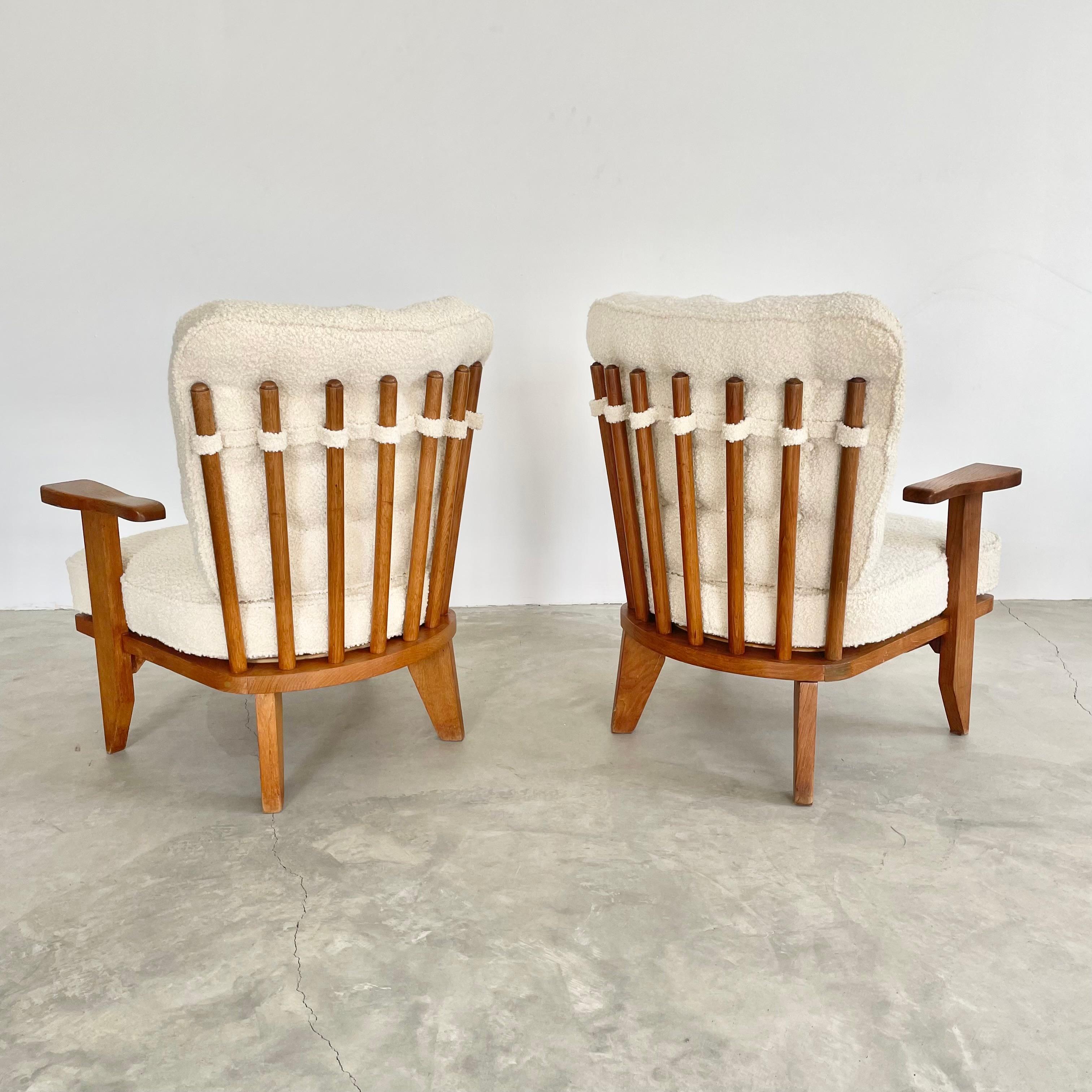 Guillerme et Chambron Oak and Boucle Armchairs, France 1960s 2