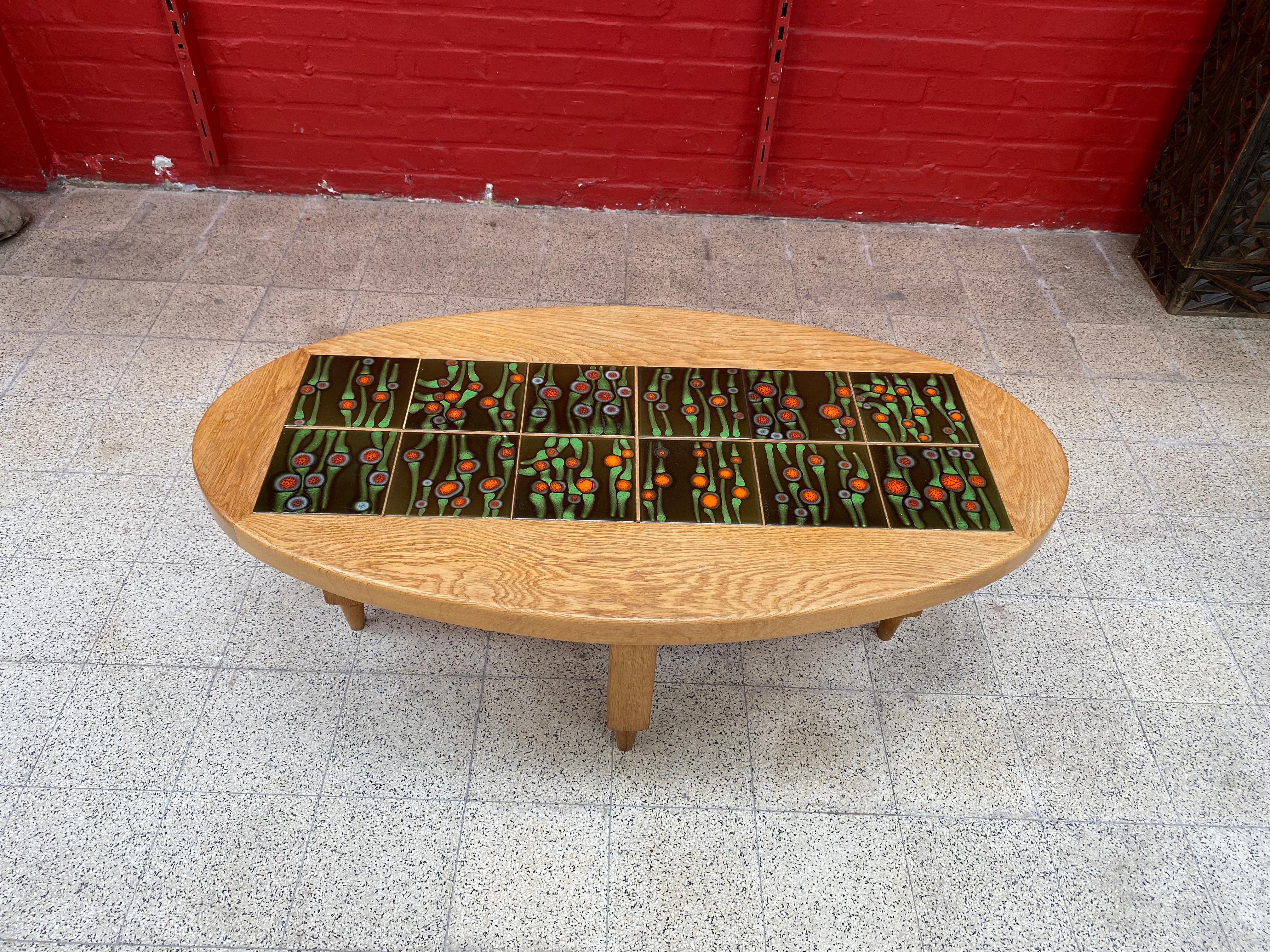 French Guillerme et Chambron, Oak and Ceramic Coffee Table Edition Votre Maison, 1970 For Sale