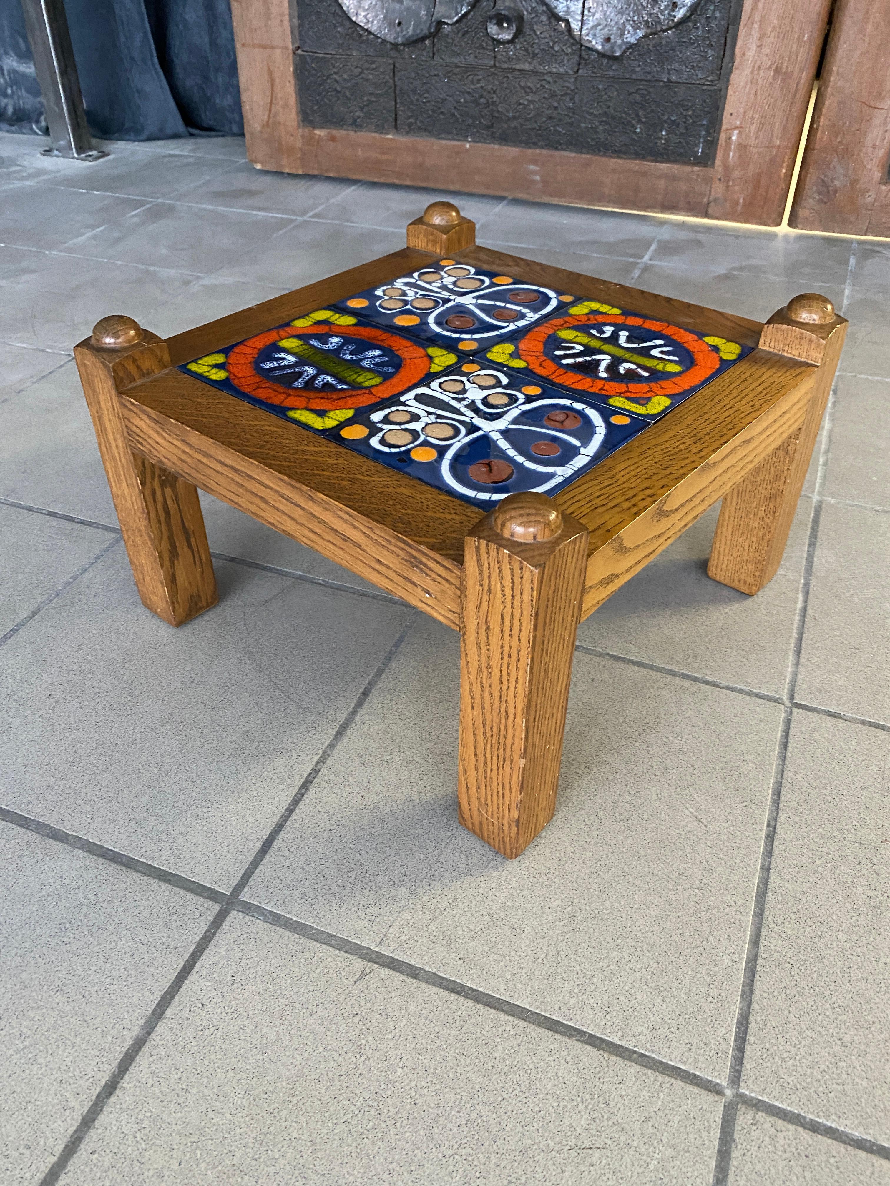 Guillerme et Chambron, Oak and Ceramic Sofa Table Edition Votre Maison, 1970 For Sale 1