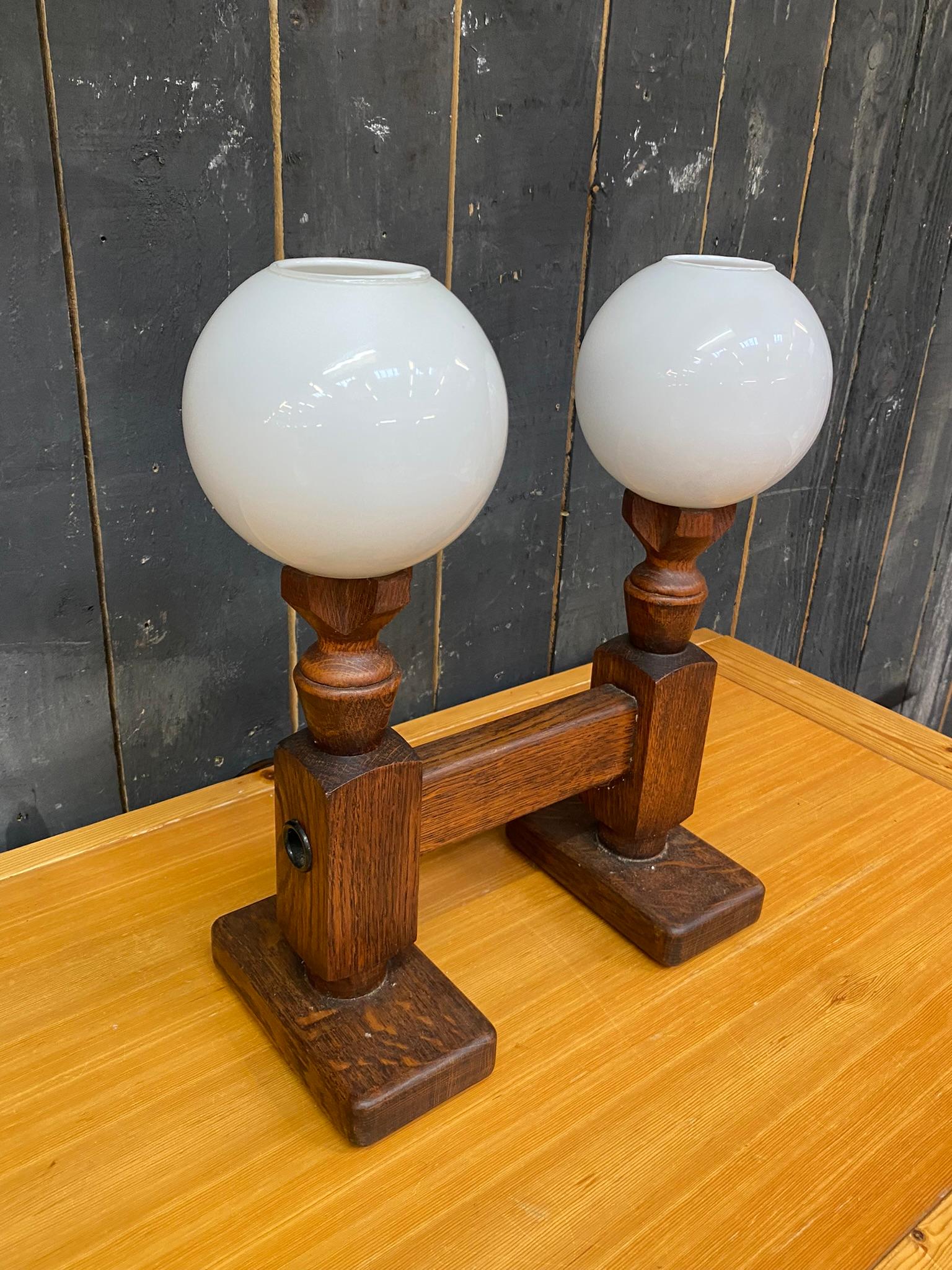 Guillerme et Chambron , Oak and opaline lamp Edition Votre Maison, circa 1970 For Sale 4