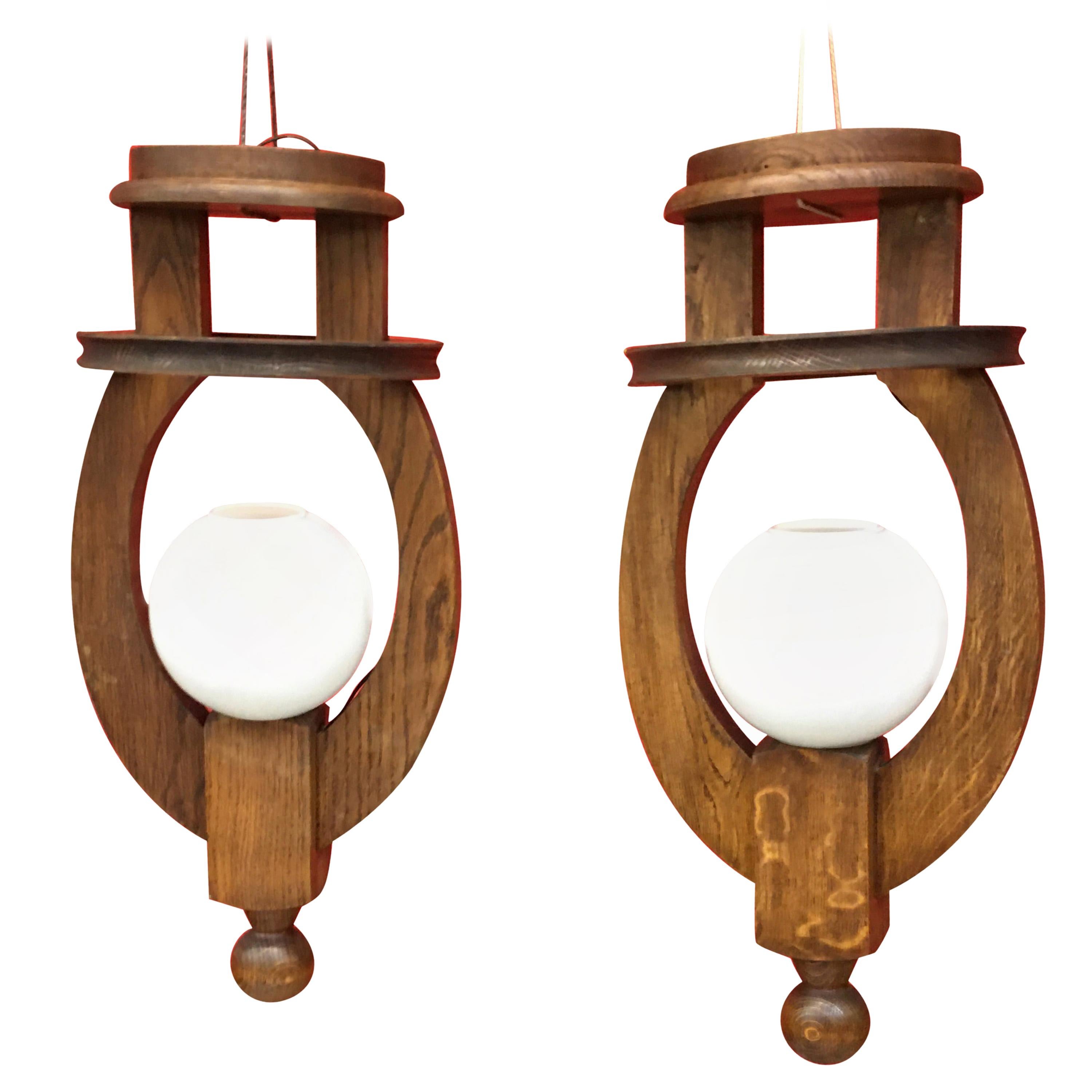 Guillerme et Chambron Oak and Opaline Pendants, circa 1970