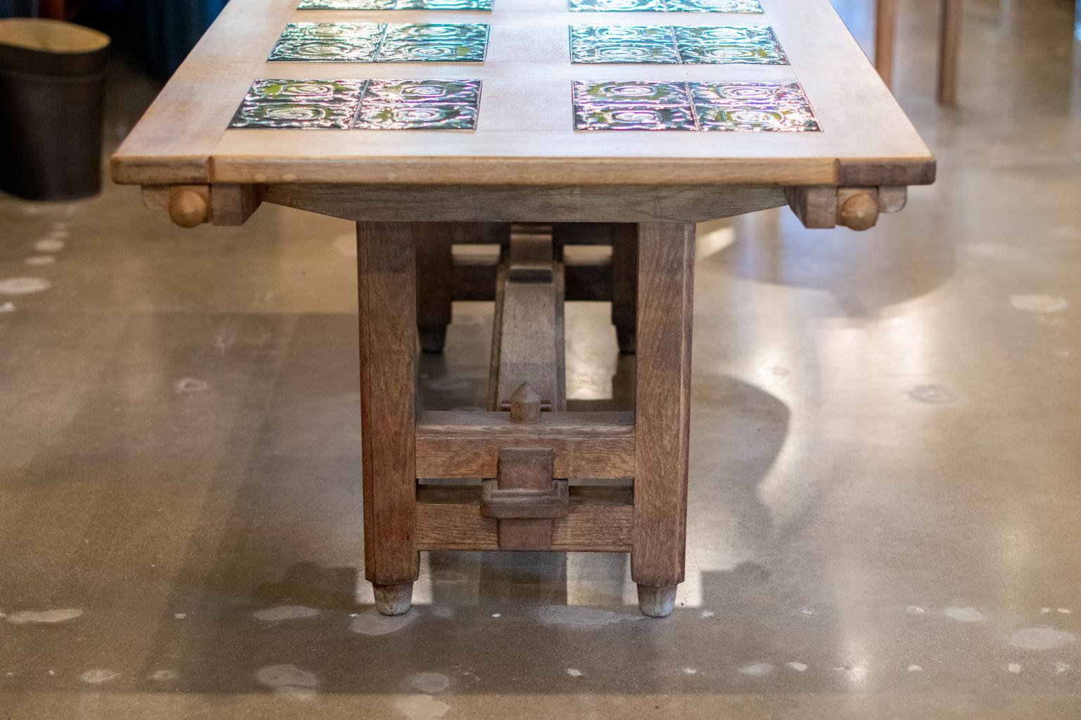 Guillerme et Chambron Oak and Tile Dining Table with Extensions, France, 1960's For Sale 4
