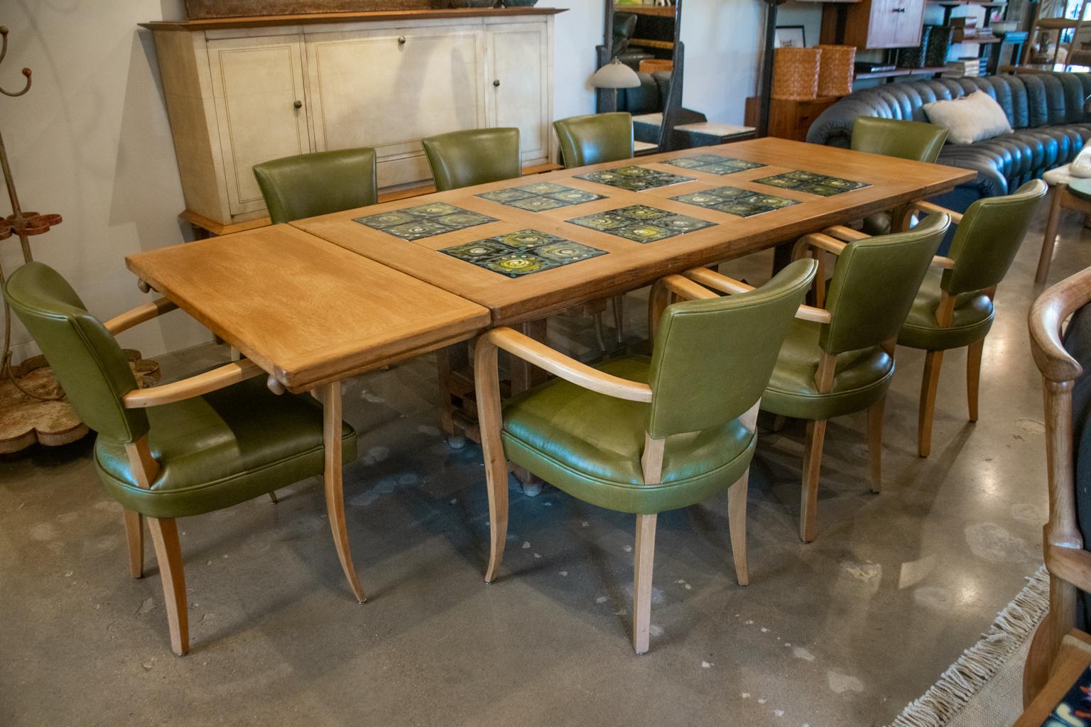 Guillerme et Chambron Oak and Tile Dining Table with Extensions, France, 1960's For Sale 7