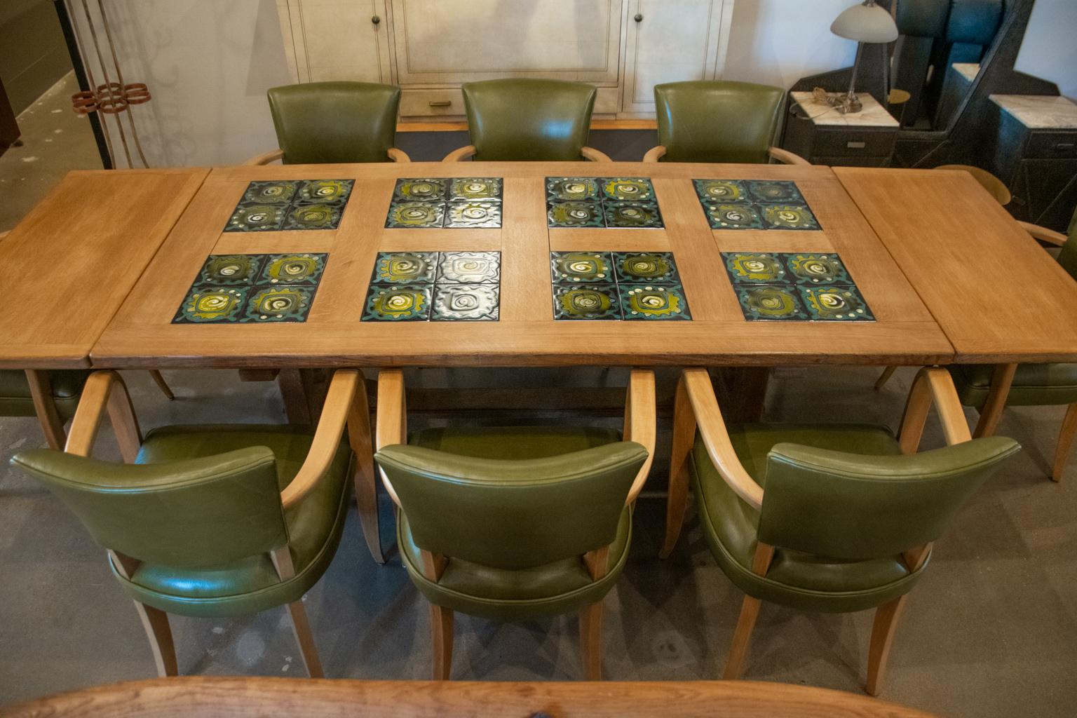 Guillerme et Chambron Oak and Tile Dining Table with Extensions, France, 1960's For Sale 8