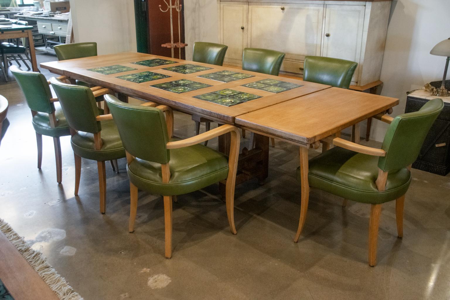 Mid-Century Modern Guillerme et Chambron Oak and Tile Dining Table with Extensions, France, 1960's For Sale
