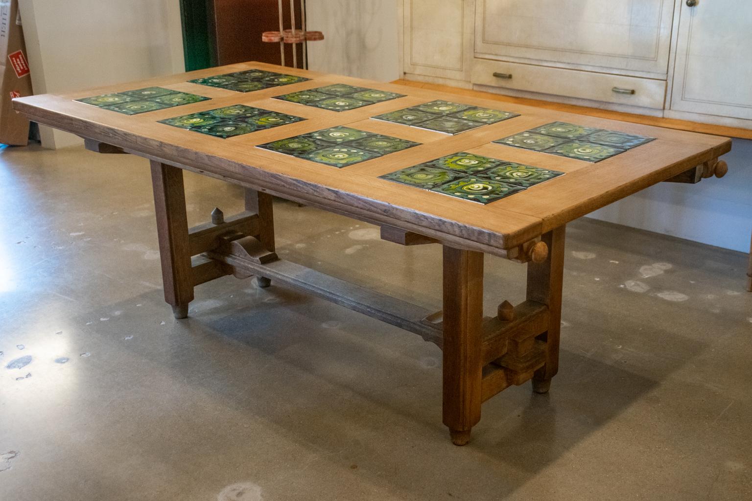 French Guillerme et Chambron Oak and Tile Dining Table with Extensions, France, 1960's For Sale