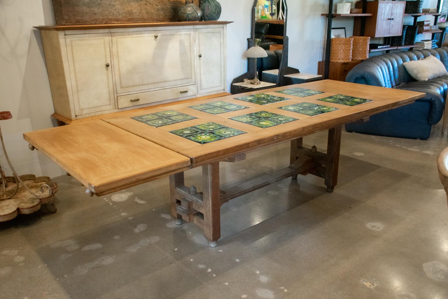 Guillerme et Chambron Oak and Tile Dining Table with Extensions, France, 1960's In Good Condition For Sale In Austin, TX