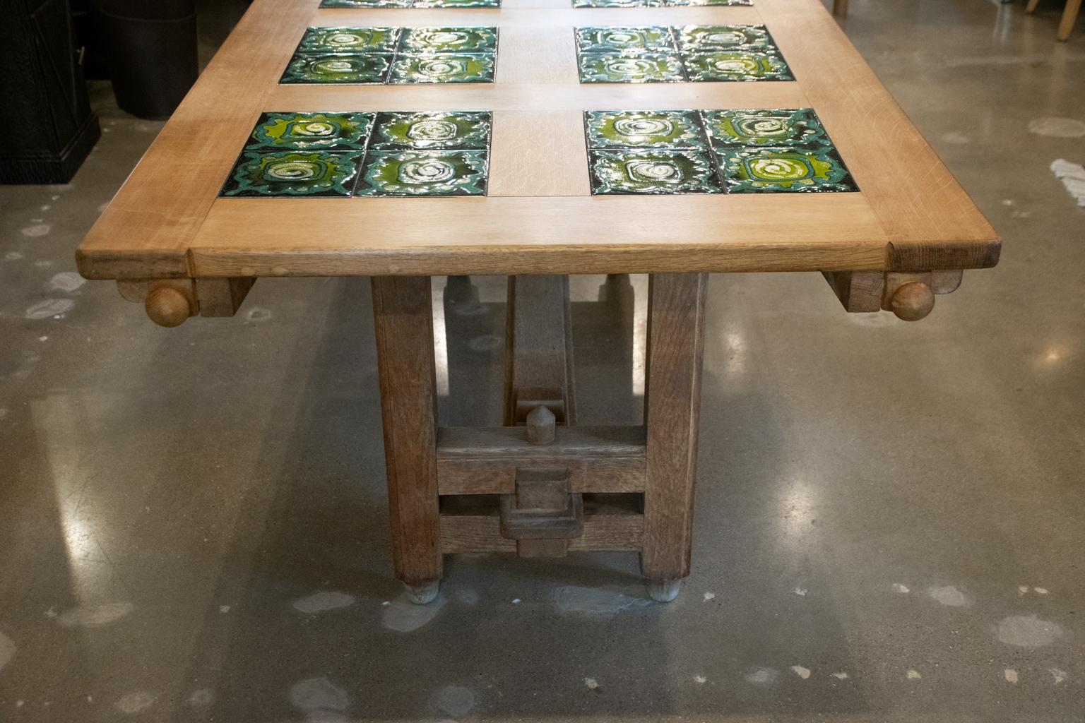 Guillerme et Chambron Oak and Tile Dining Table with Extensions, France, 1960's For Sale 1