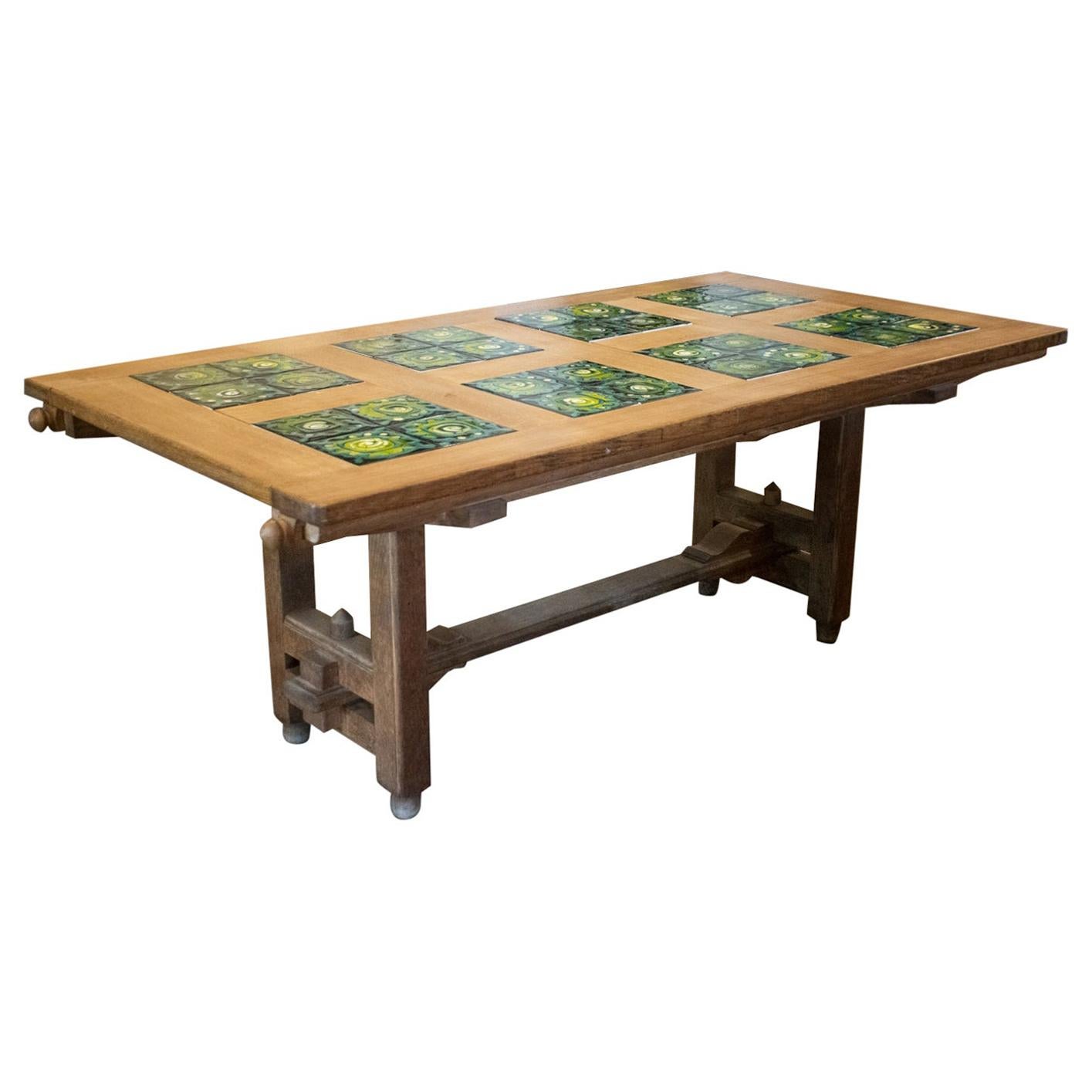 Guillerme et Chambron Oak and Tile Dining Table with Extensions, France, 1960's For Sale